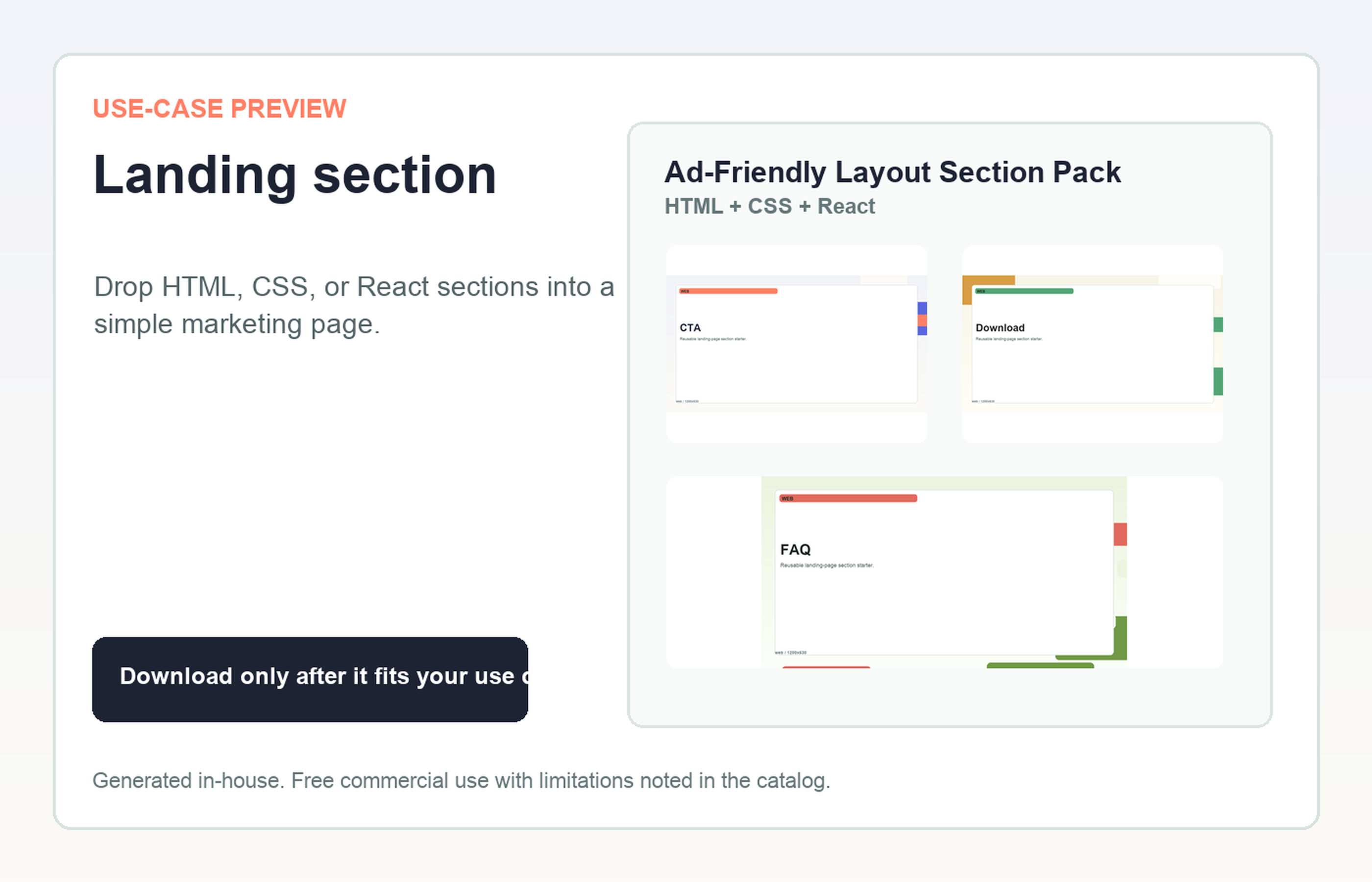 Ad-Friendly Layout Section Pack Landing section use-case preview