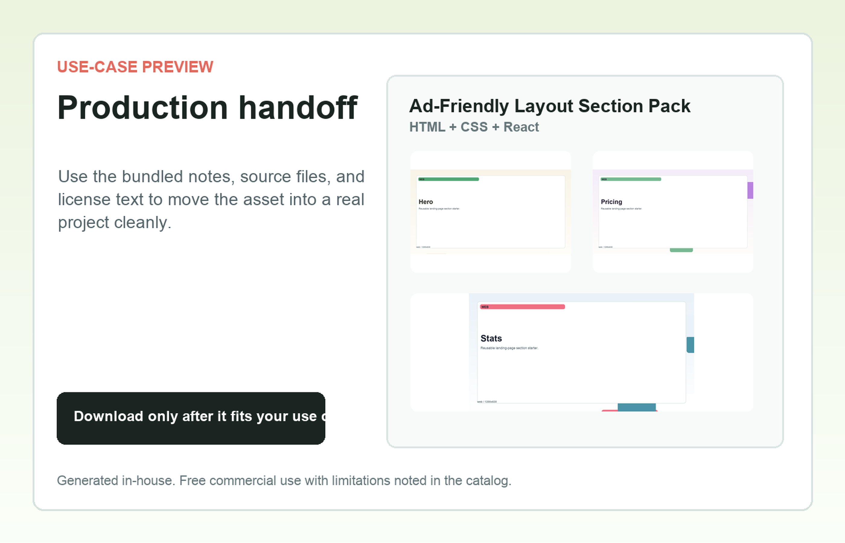 Ad-Friendly Layout Section Pack Production handoff use-case preview