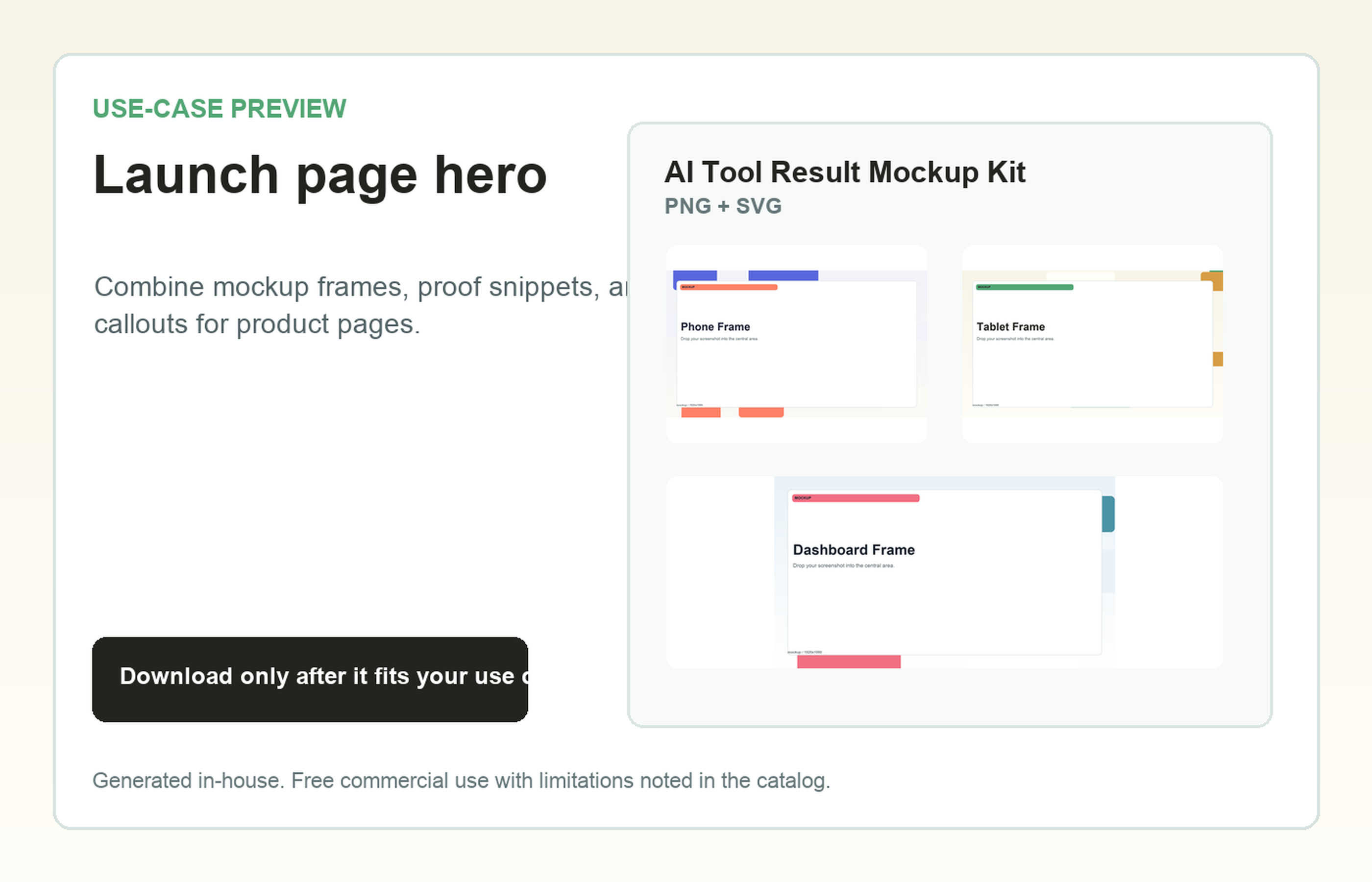 AI Tool Result Mockup Kit Launch page hero use-case preview