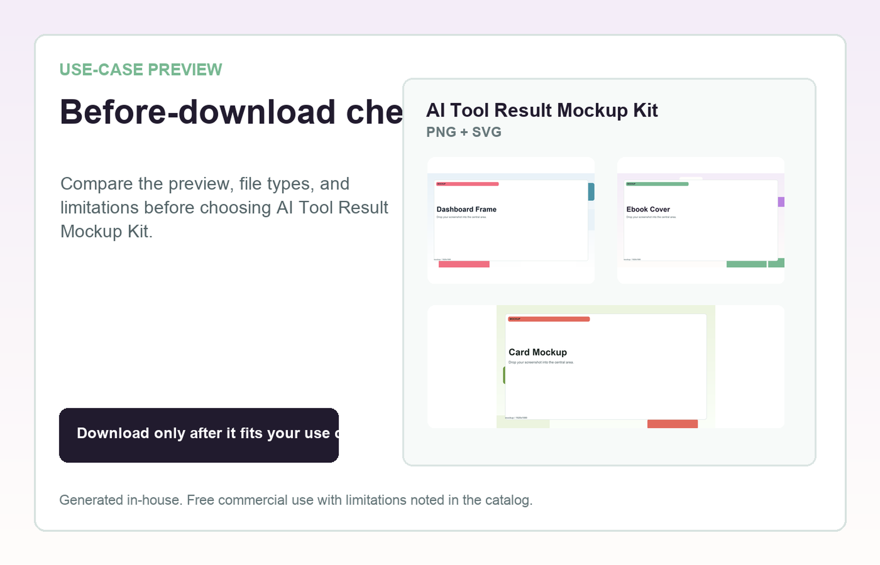 AI Tool Result Mockup Kit Before-download check use-case preview