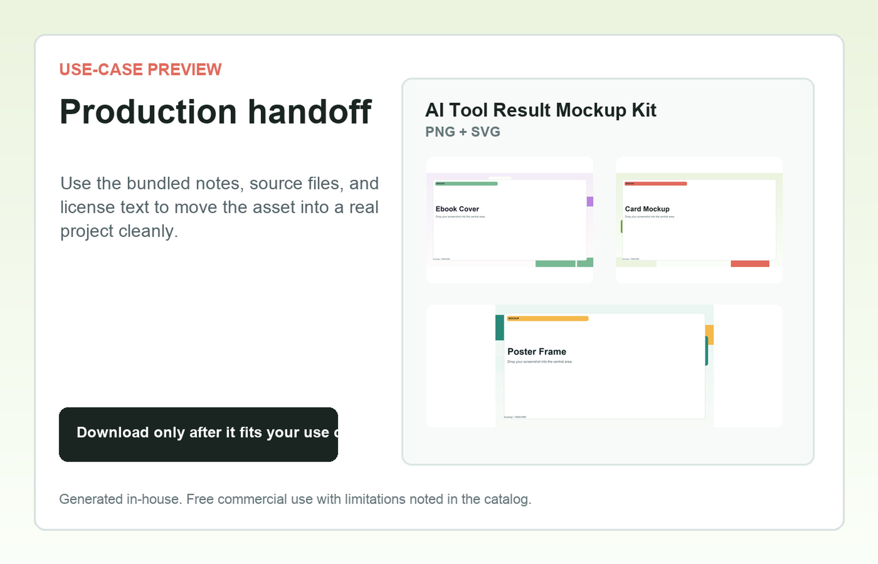 AI Tool Result Mockup Kit Production handoff use-case preview