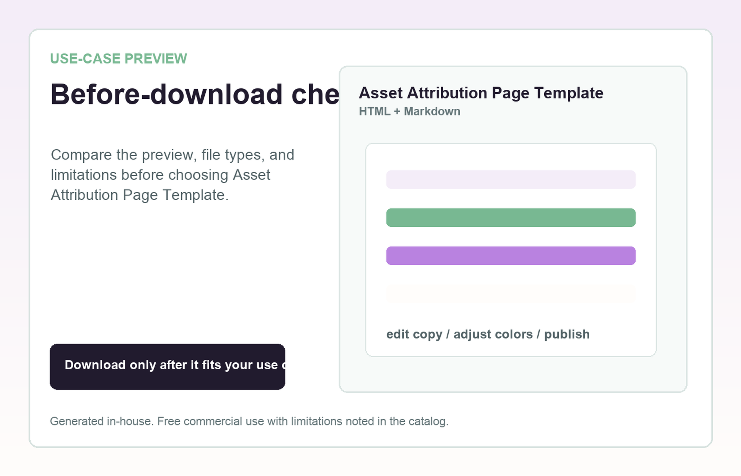 Asset Attribution Page Template Before-download check use-case preview