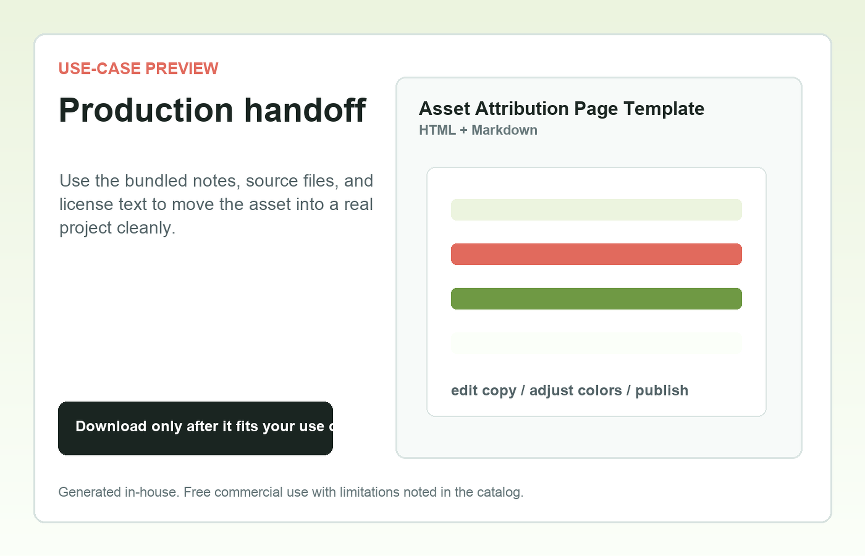 Asset Attribution Page Template Production handoff use-case preview