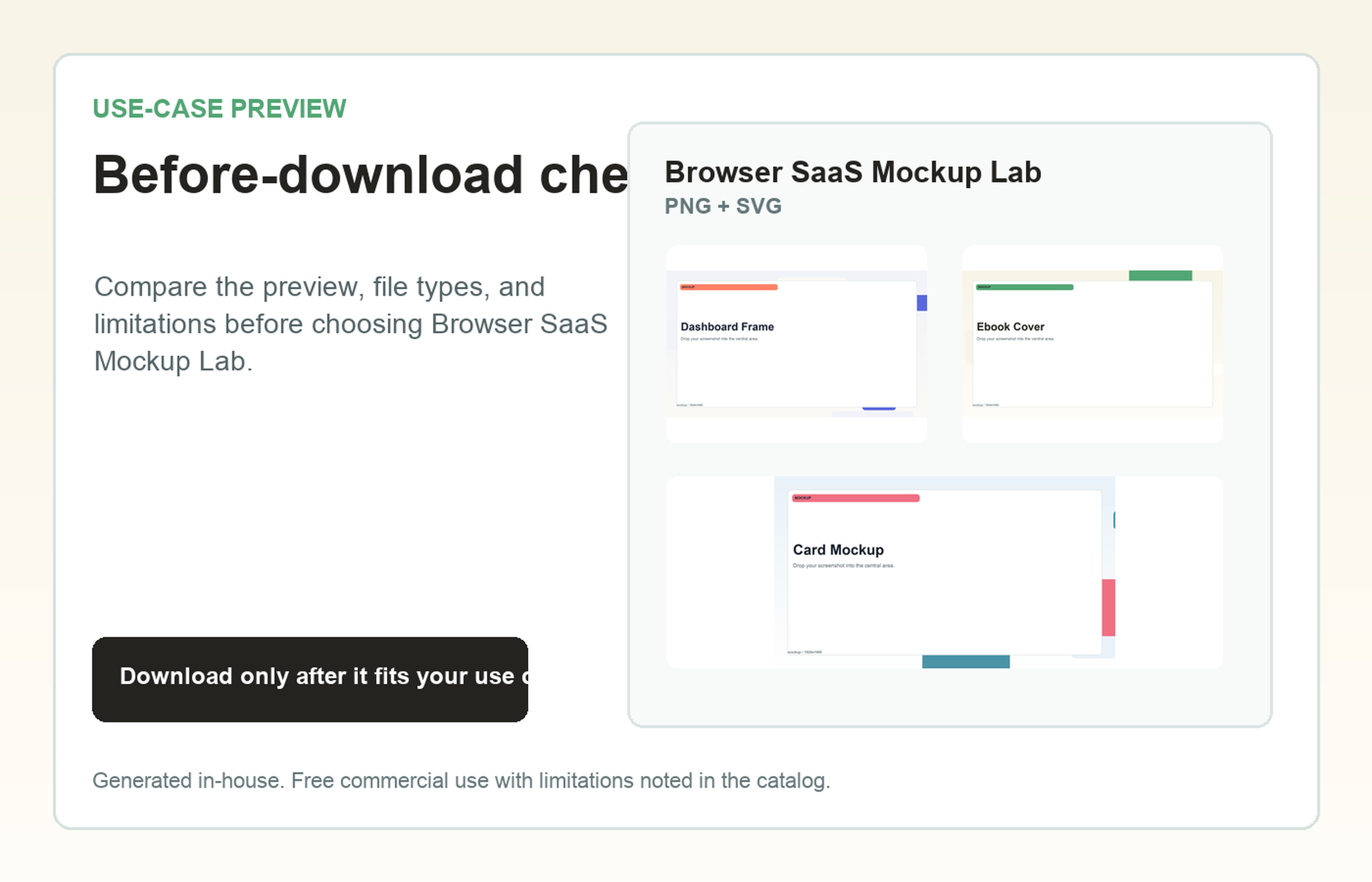 Browser SaaS Mockup Lab Before-download check use-case preview