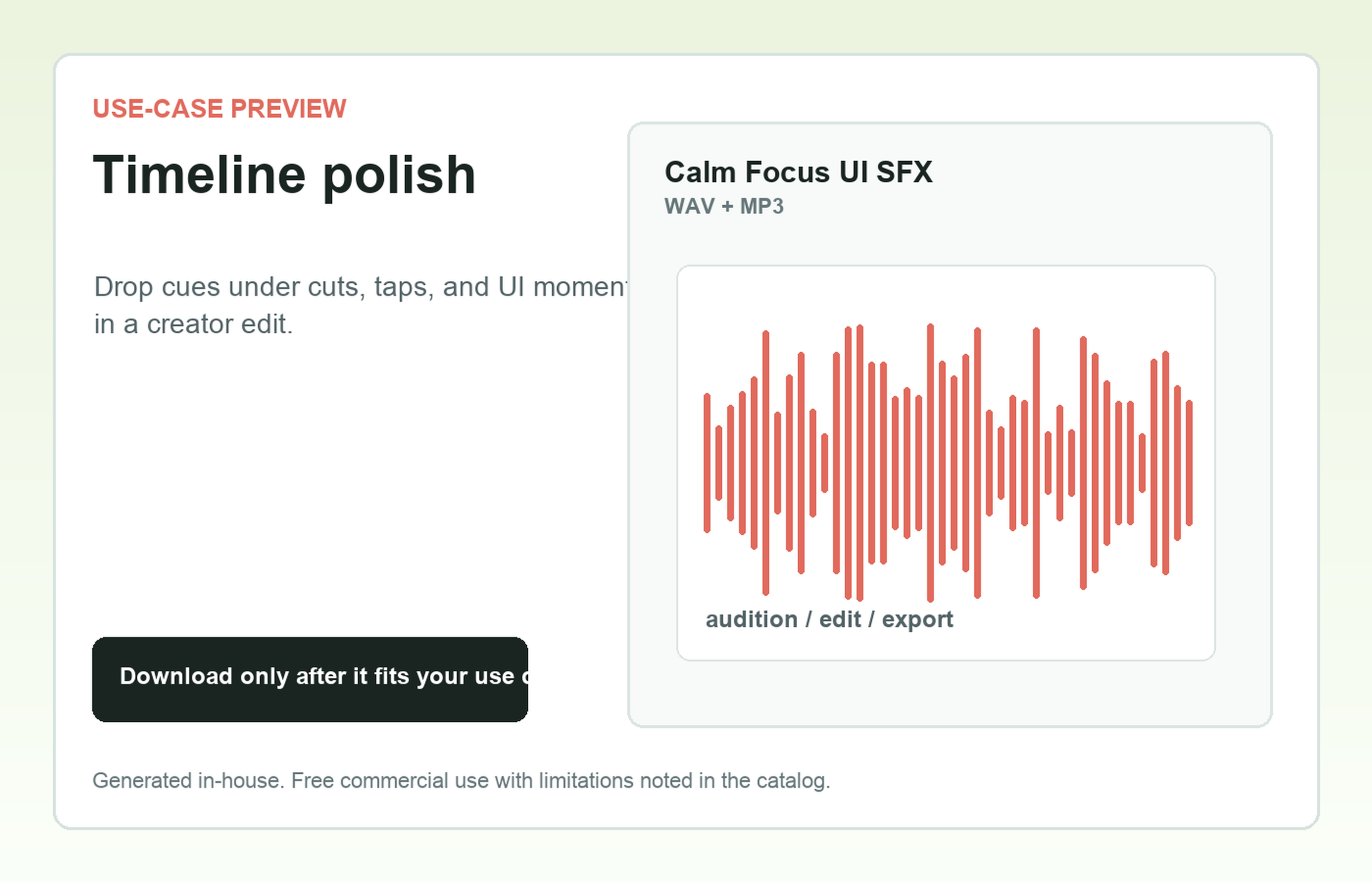 Calm Focus UI SFX Timeline polish use-case preview