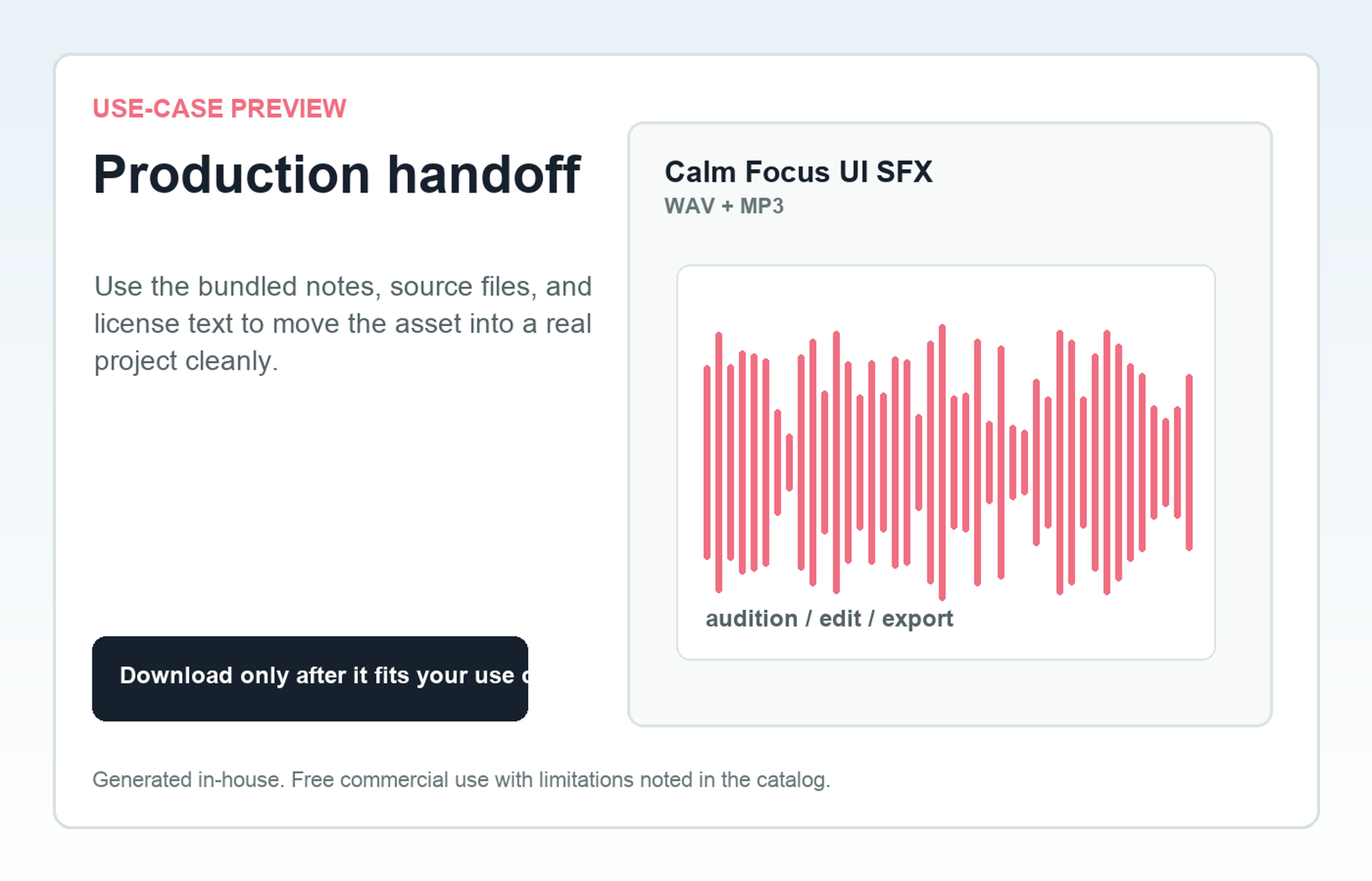Calm Focus UI SFX Production handoff use-case preview