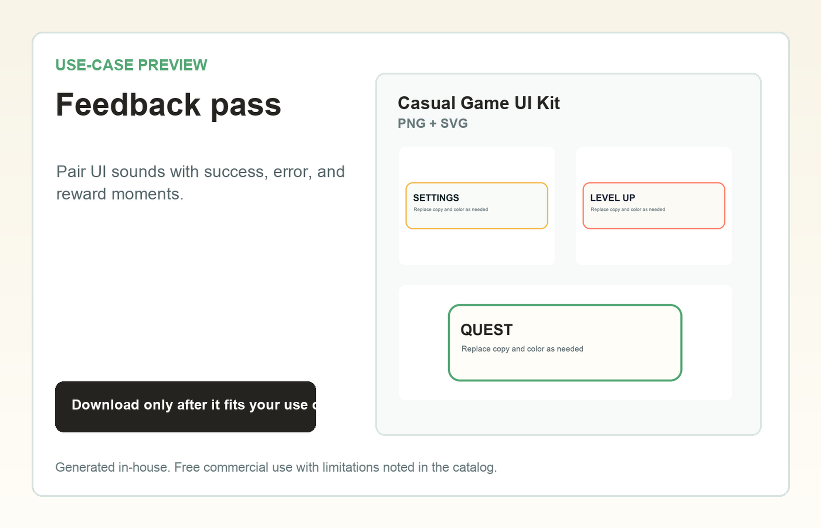 Casual Game UI Kit Feedback pass use-case preview