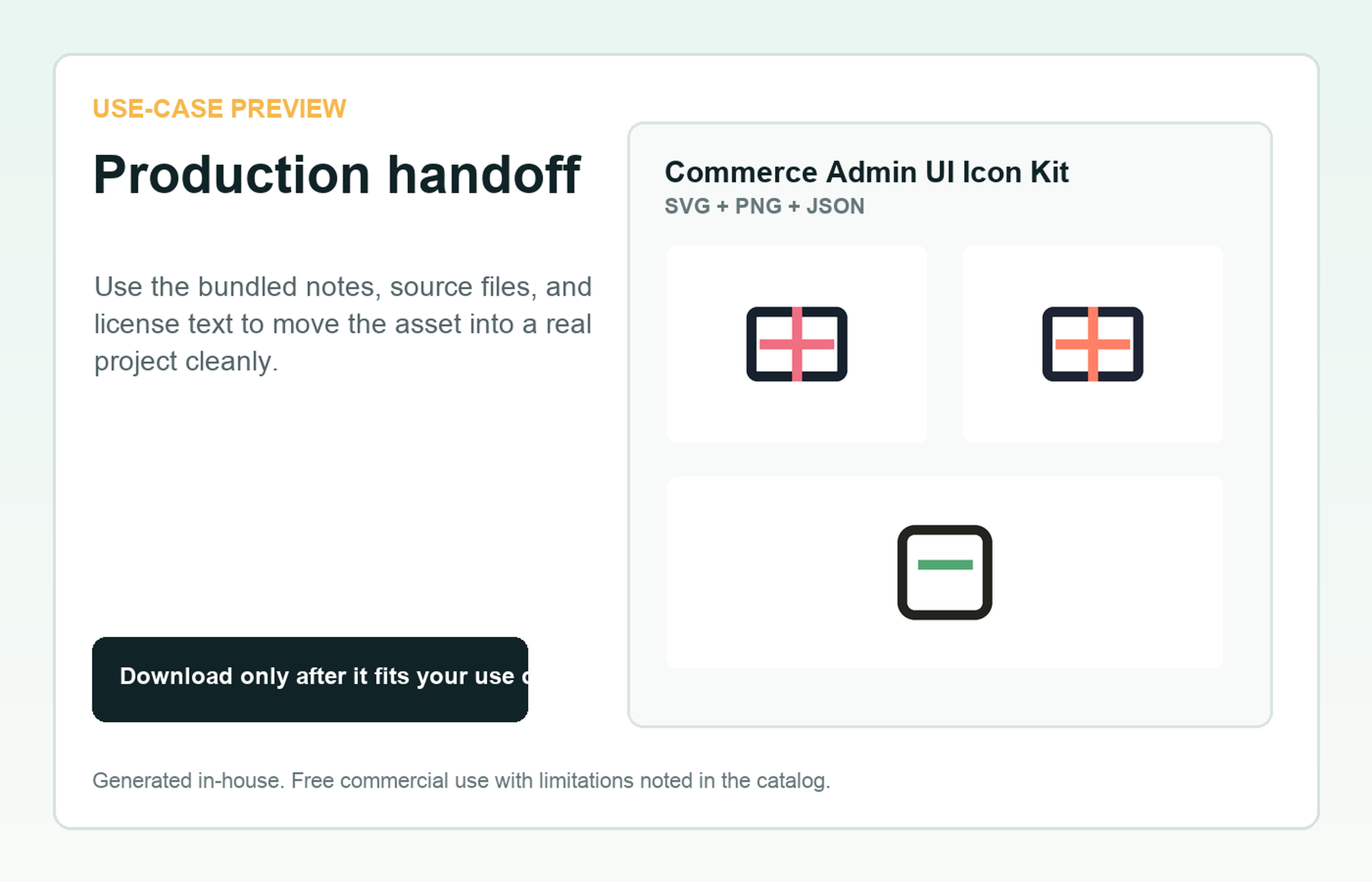 Commerce Admin UI Icon Kit Production handoff use-case preview