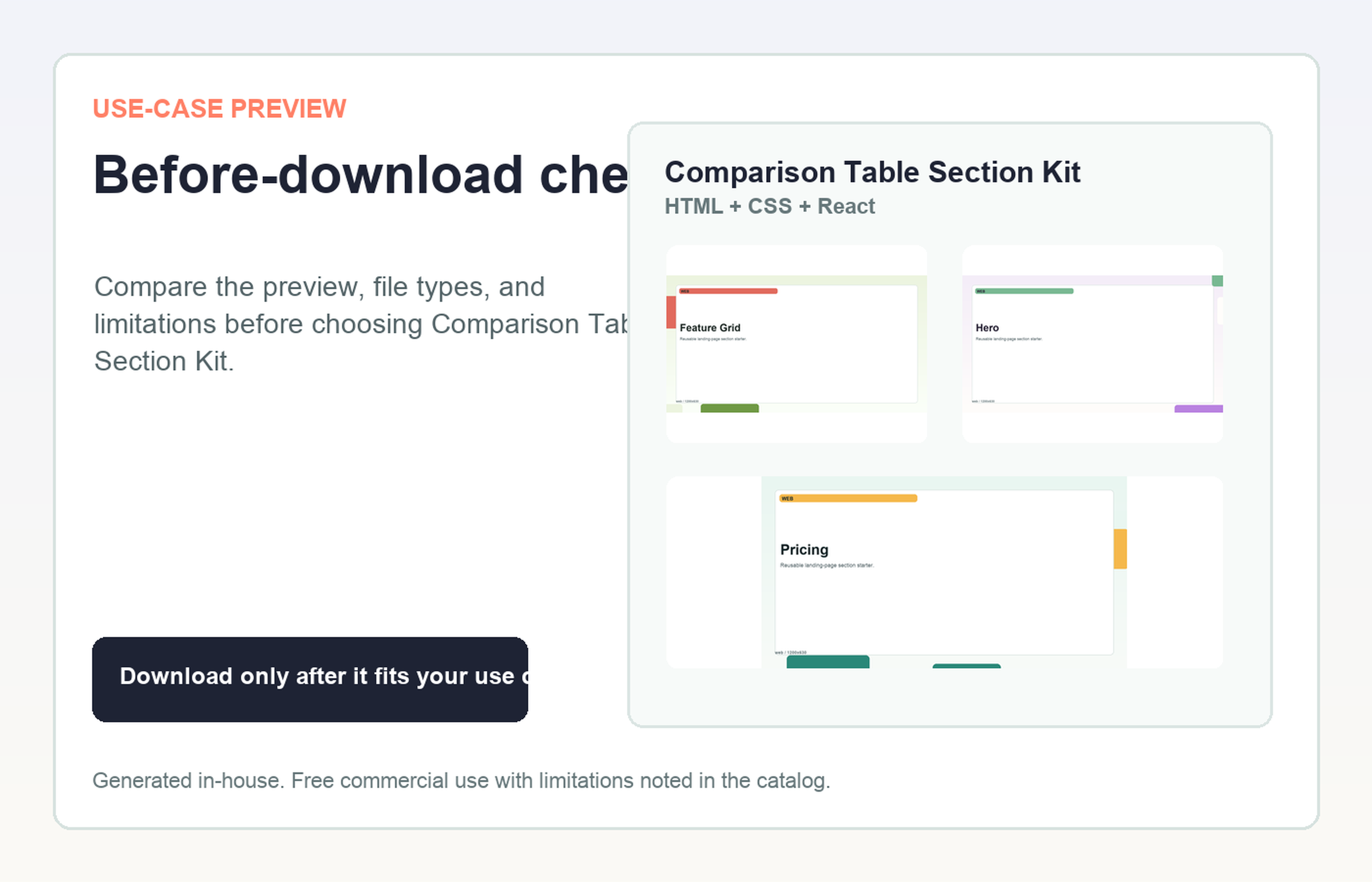 Comparison Table Section Kit Before-download check use-case preview