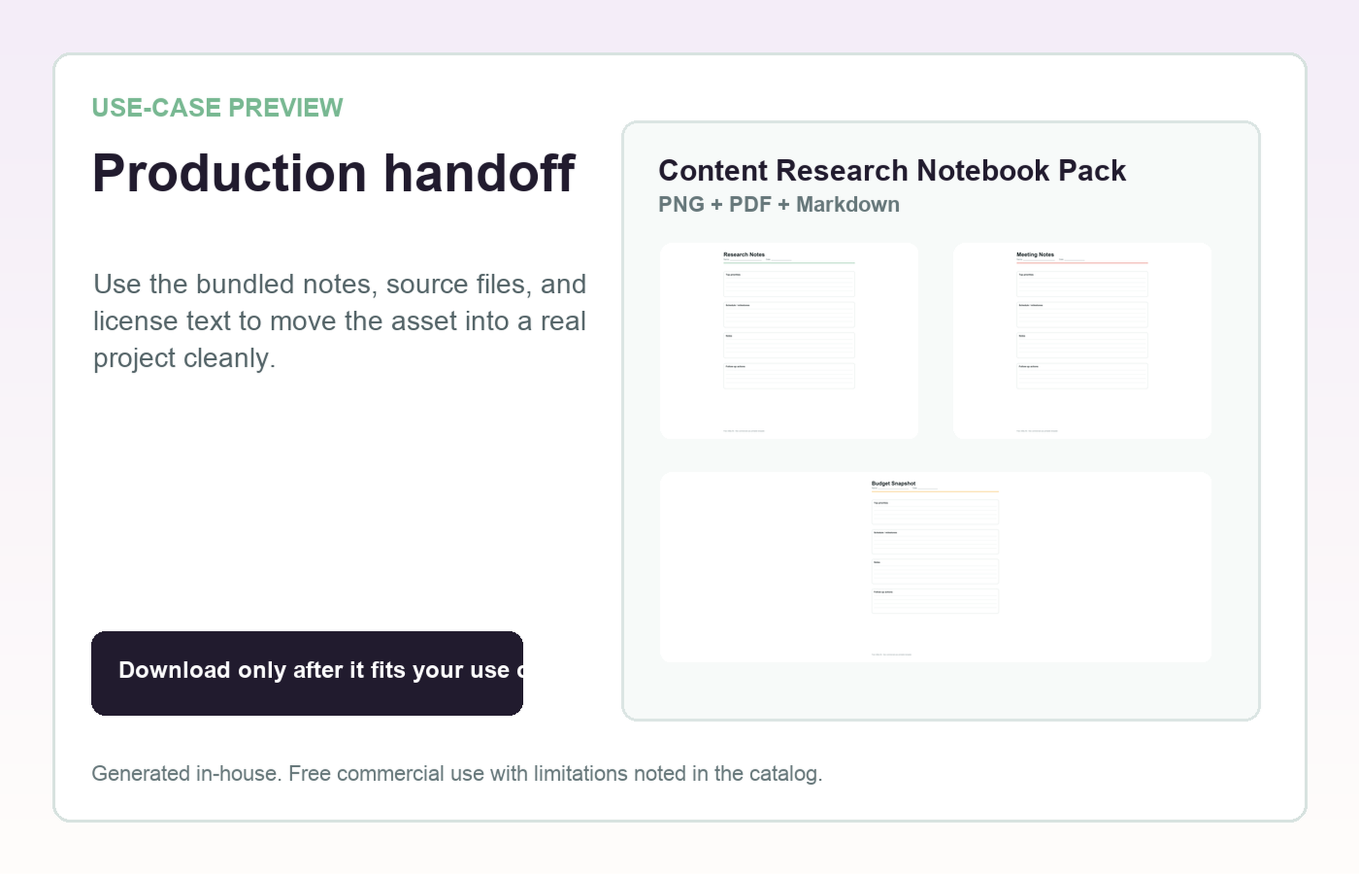 Content Research Notebook Pack Production handoff use-case preview