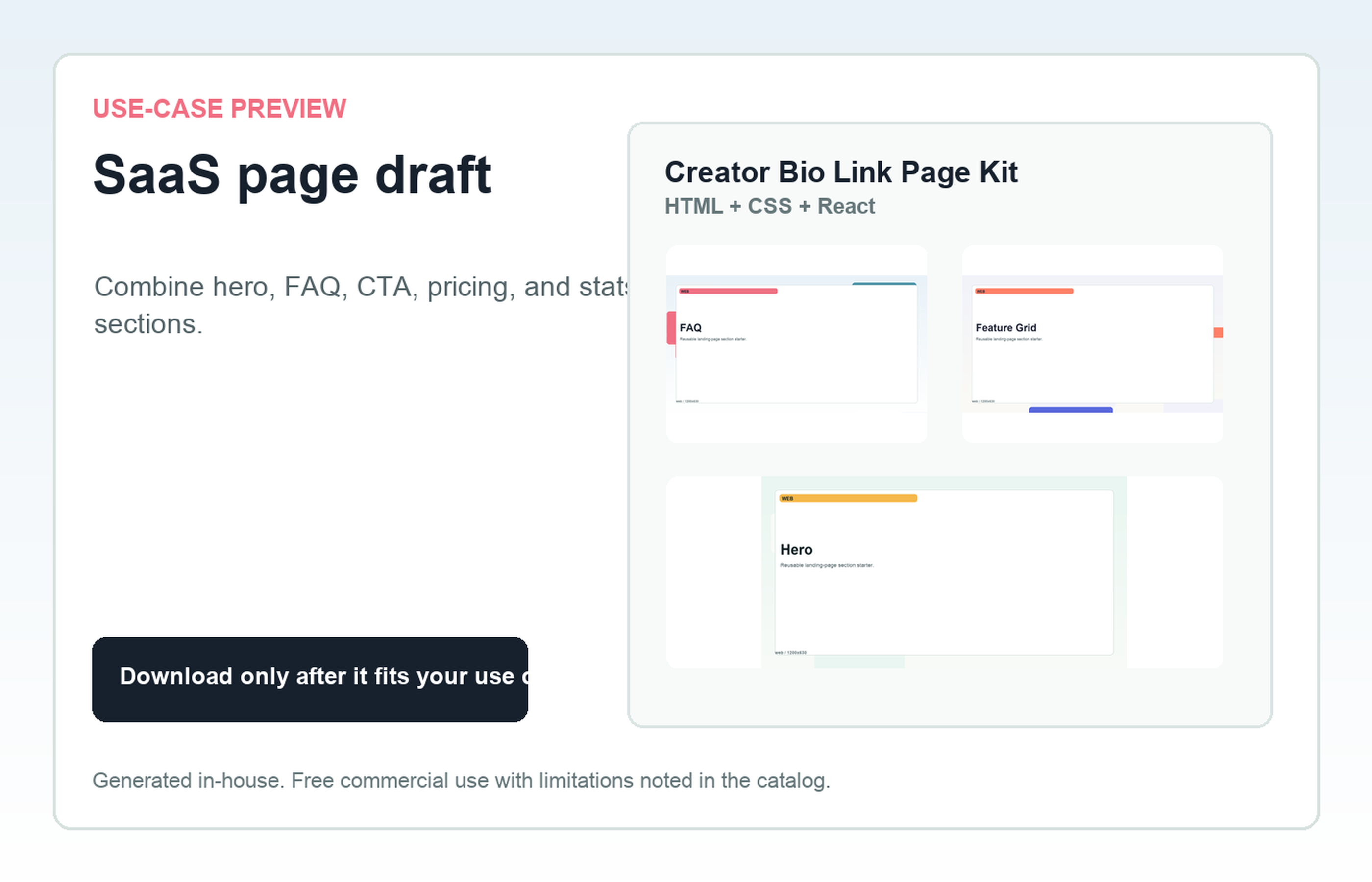 Creator Bio Link Page Kit SaaS page draft use-case preview