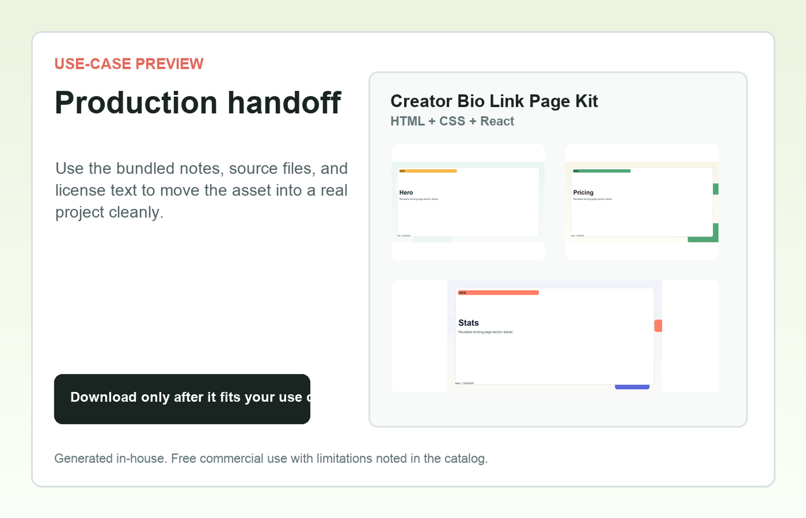 Creator Bio Link Page Kit Production handoff use-case preview