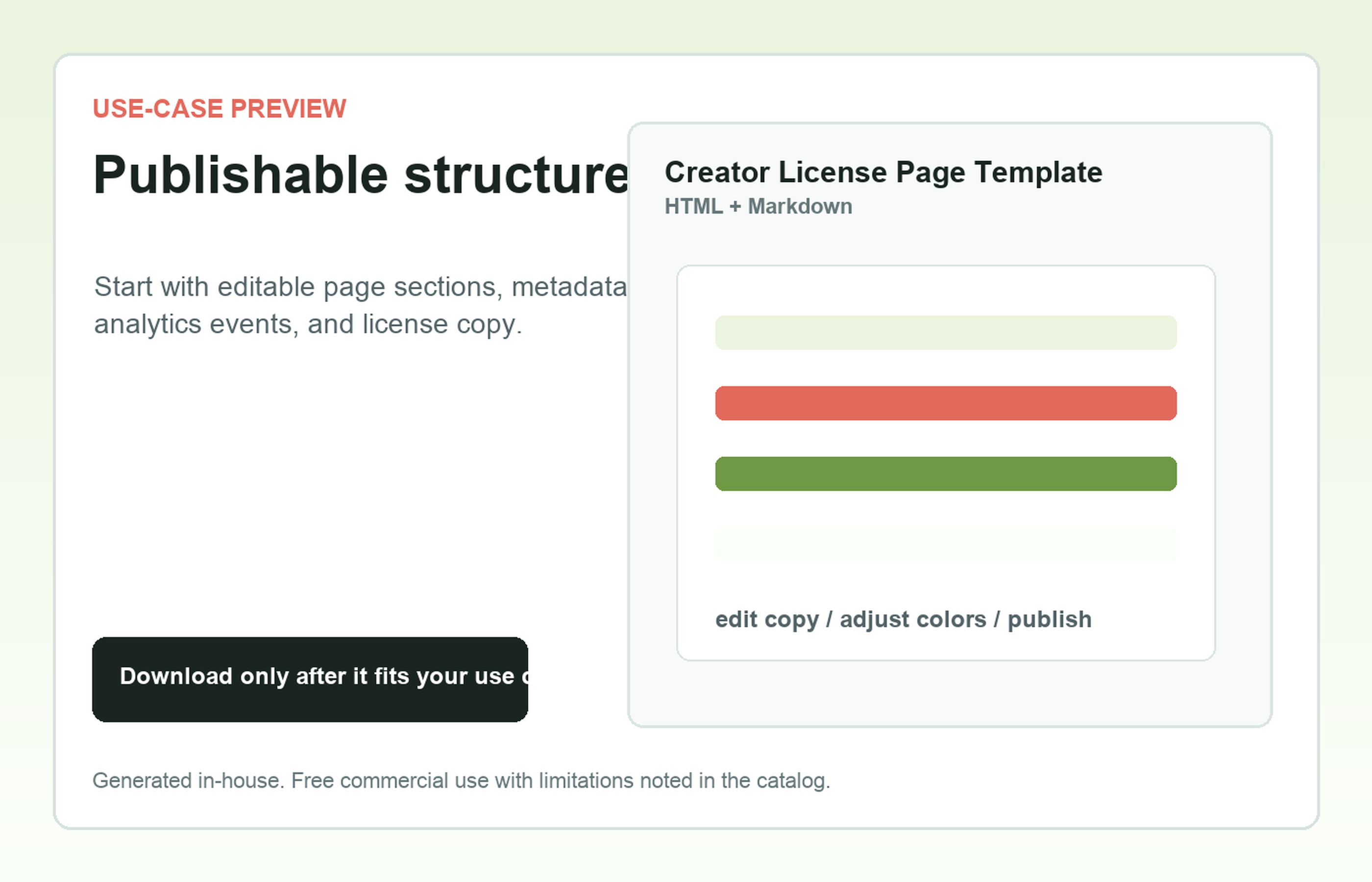 Creator License Page Template Publishable structure use-case preview