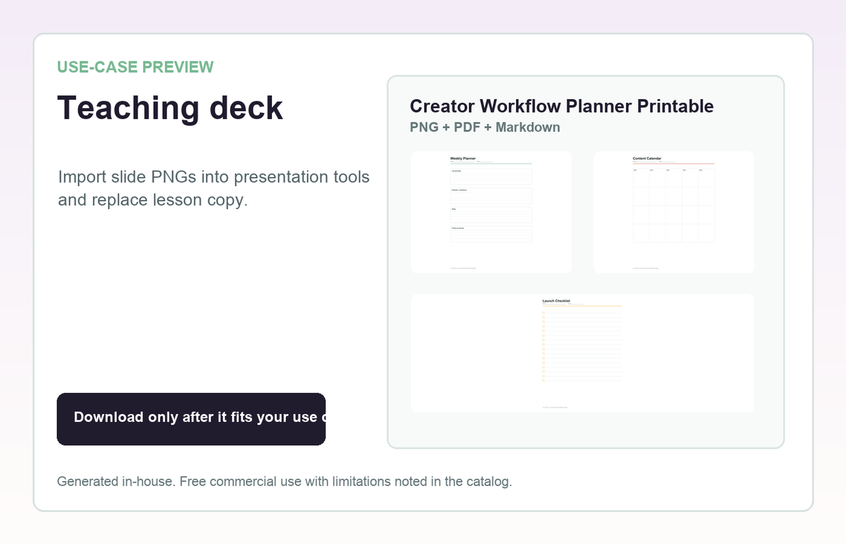 Creator Workflow Planner Printable Teaching deck use-case preview