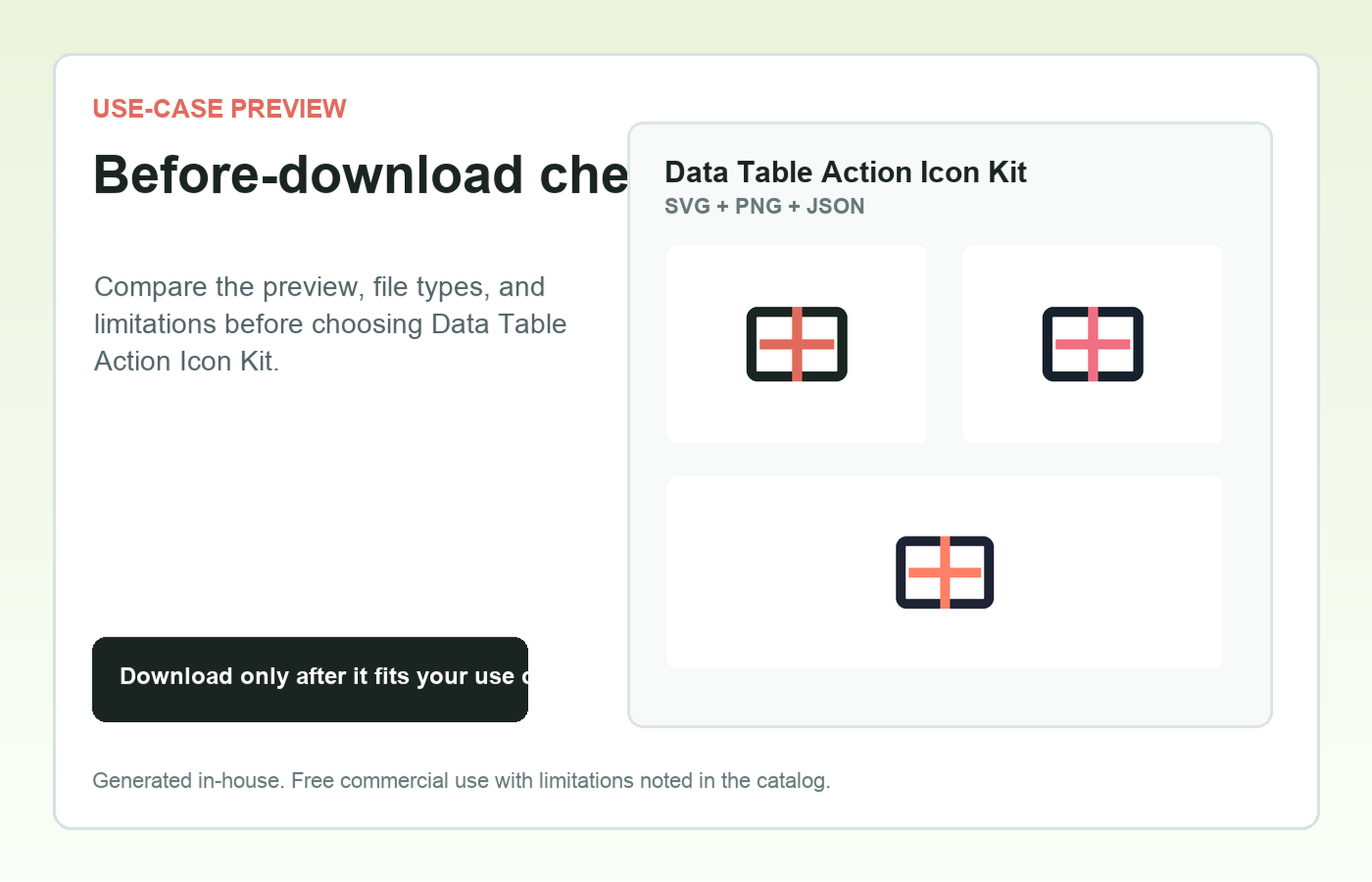 Data Table Action Icon Kit Before-download check use-case preview