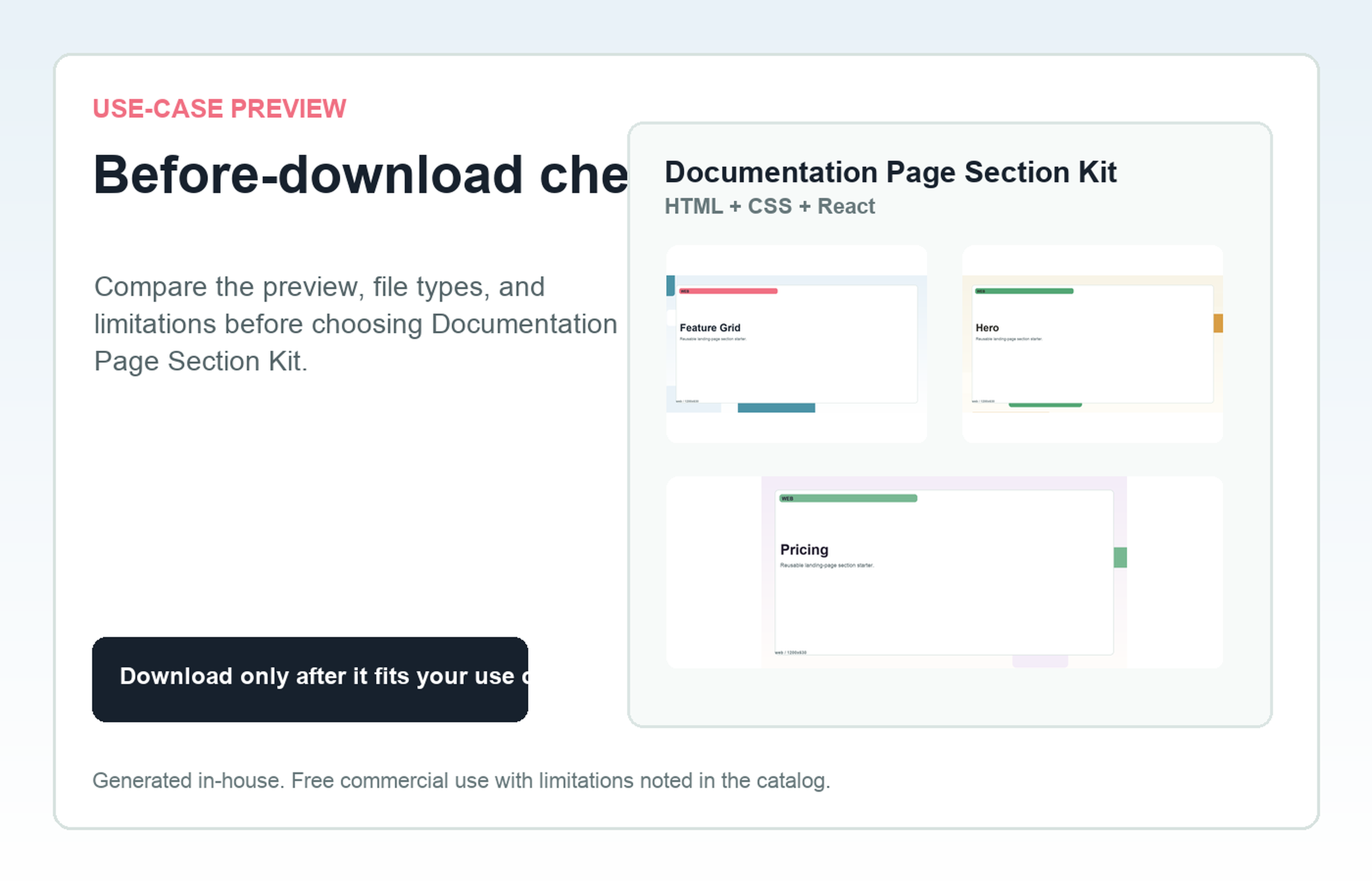 Documentation Page Section Kit Before-download check use-case preview