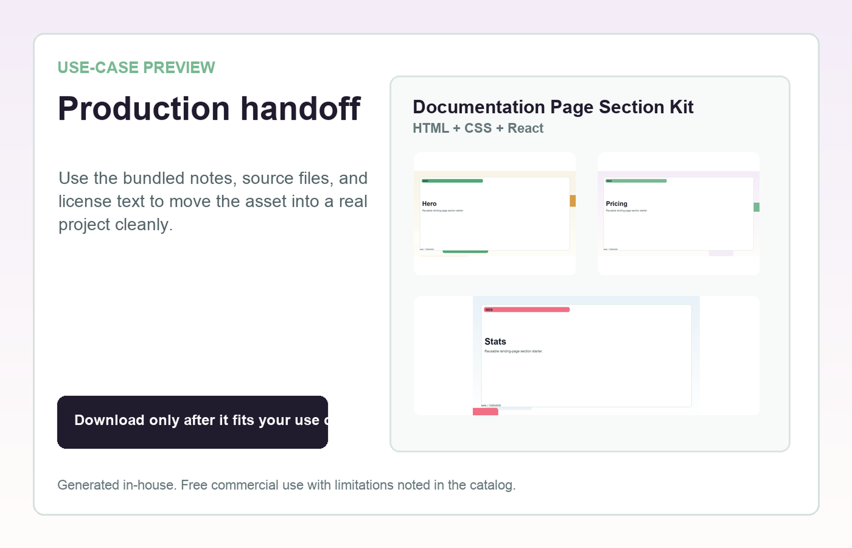 Documentation Page Section Kit Production handoff use-case preview