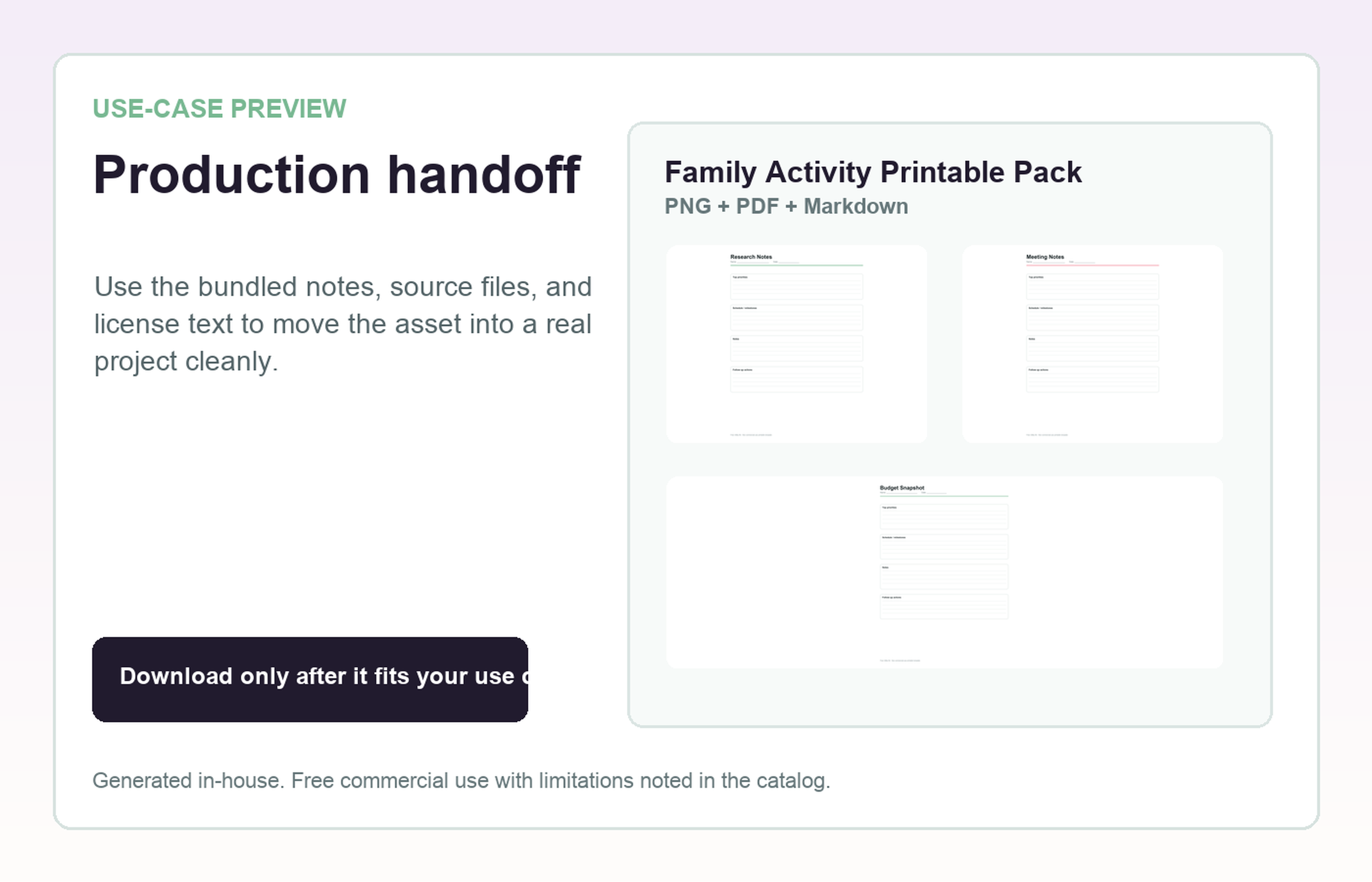 Family Activity Printable Pack Production handoff use-case preview