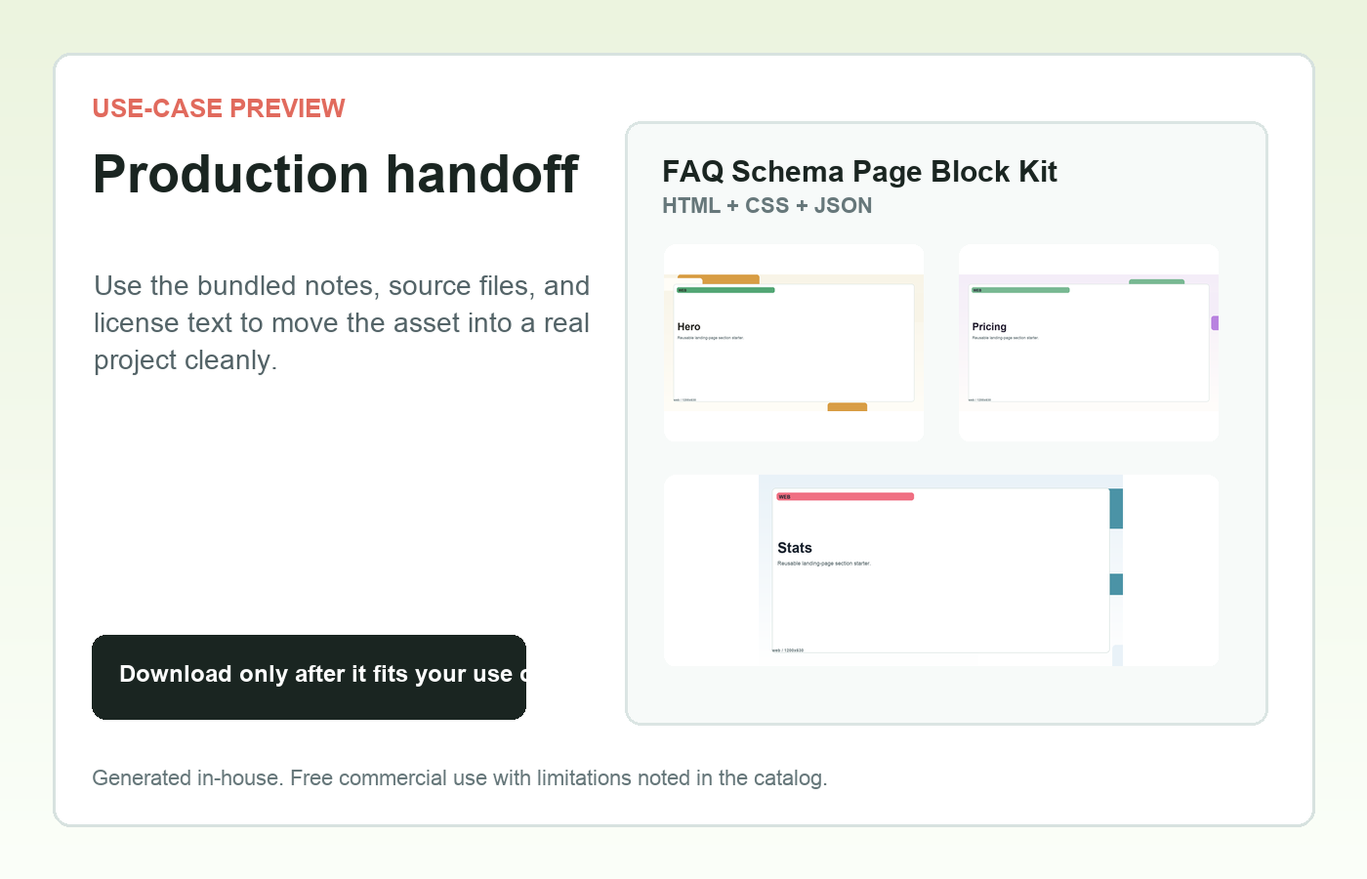 FAQ Schema Page Block Kit Production handoff use-case preview