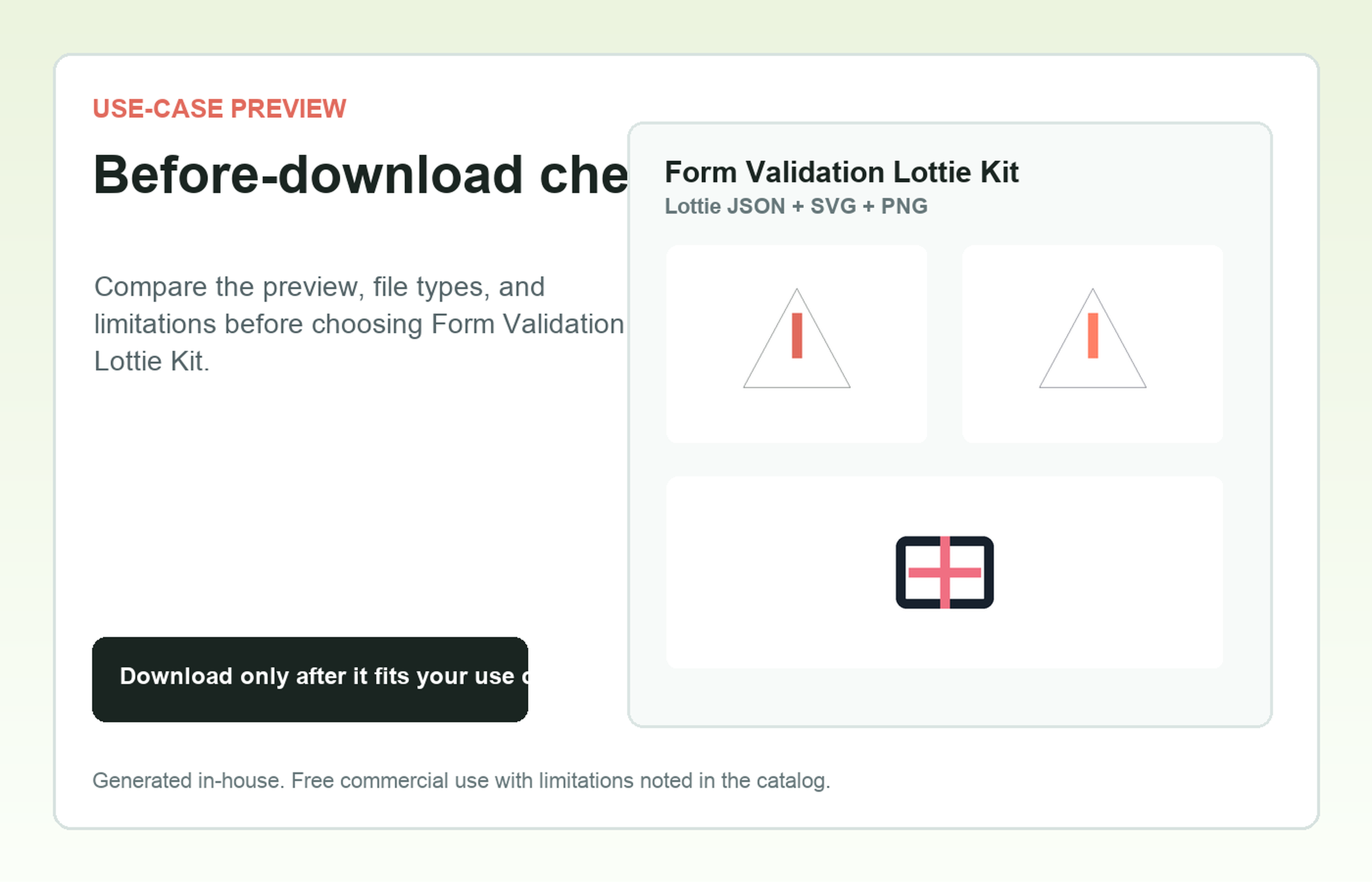 Form Validation Lottie Kit Before-download check use-case preview