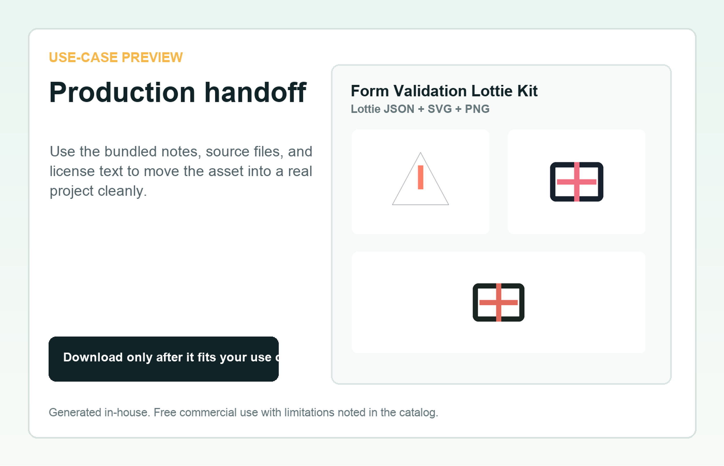 Form Validation Lottie Kit Production handoff use-case preview