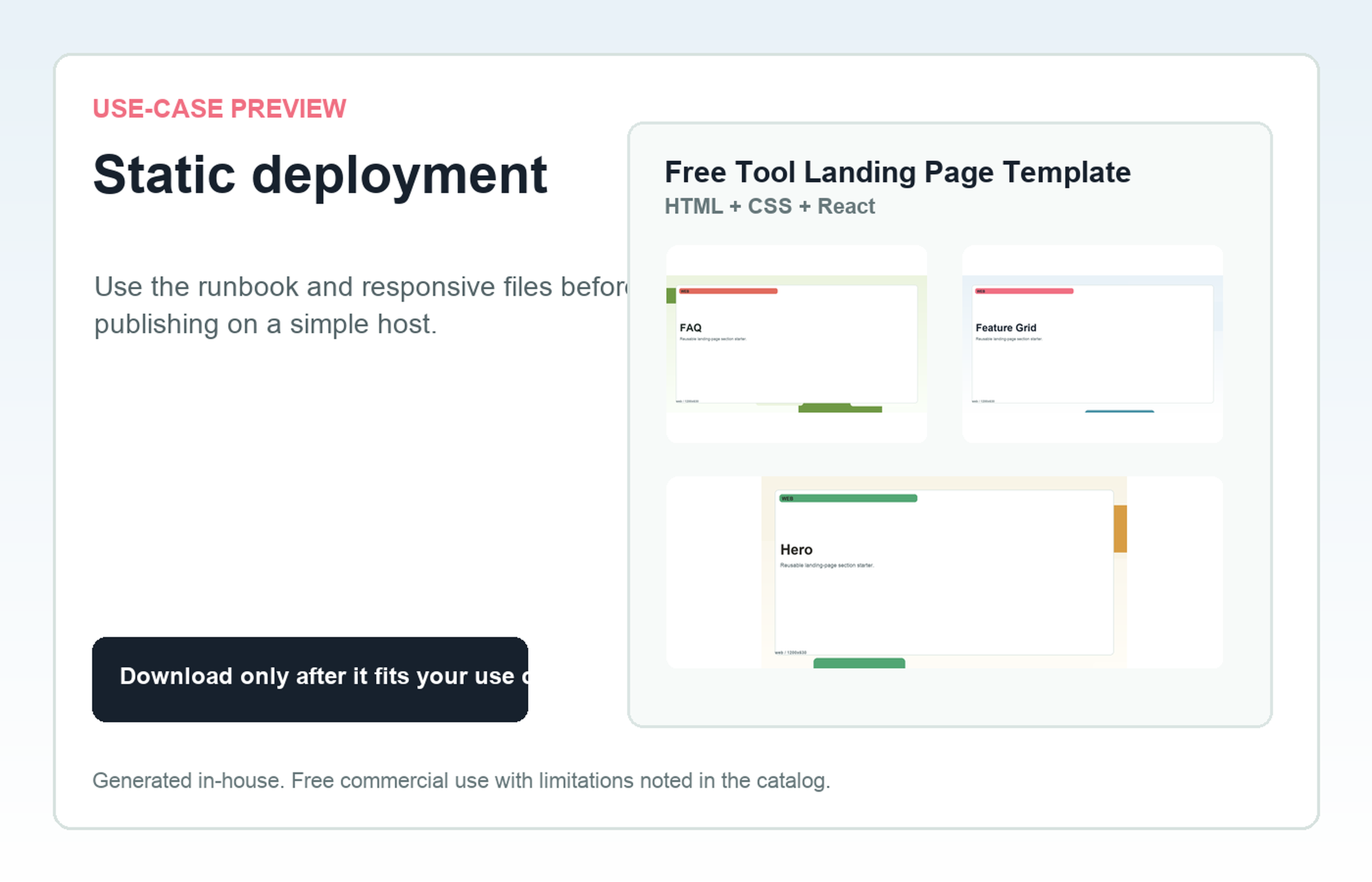 Free Tool Landing Page Template Static deployment use-case preview