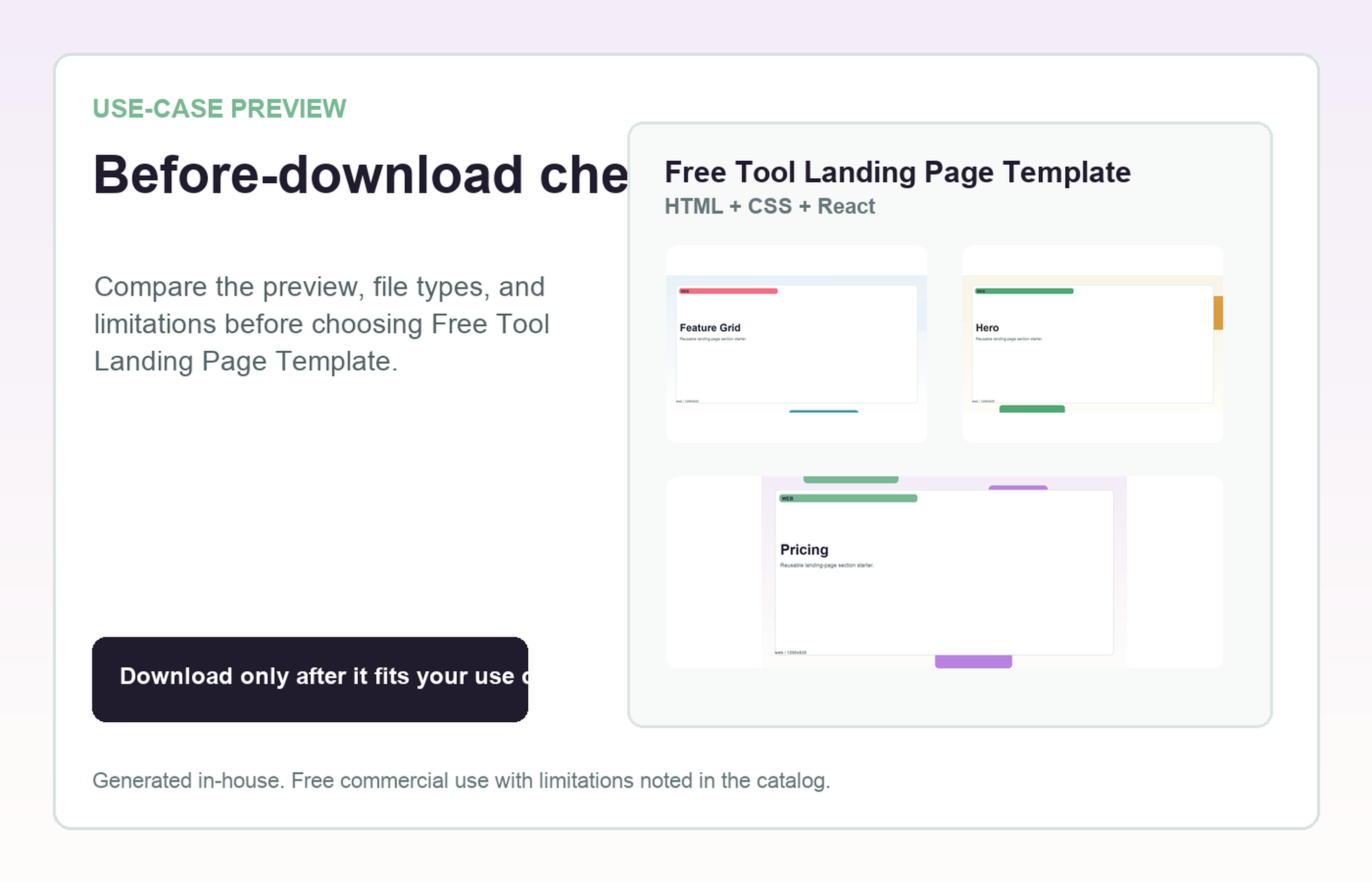 Free Tool Landing Page Template Before-download check use-case preview