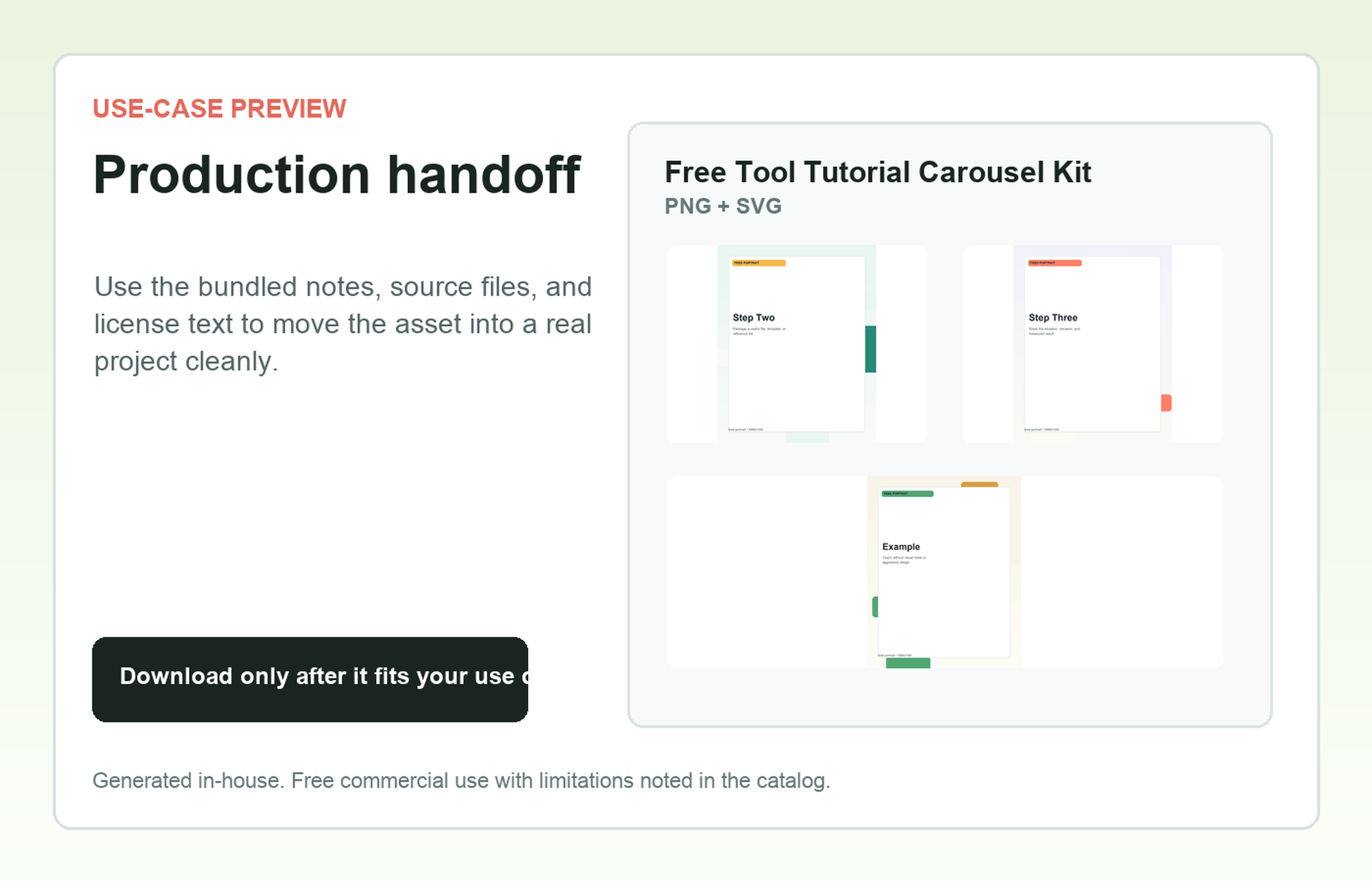 Free Tool Tutorial Carousel Kit Production handoff use-case preview