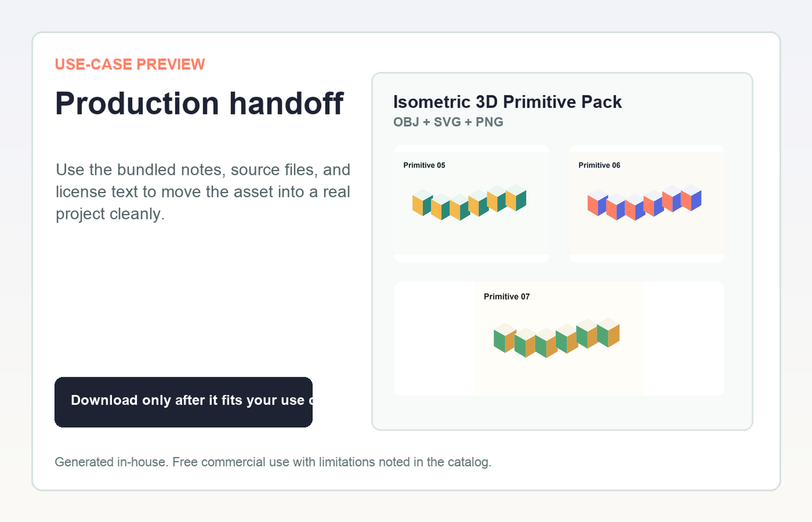 Isometric 3D Primitive Pack Production handoff use-case preview