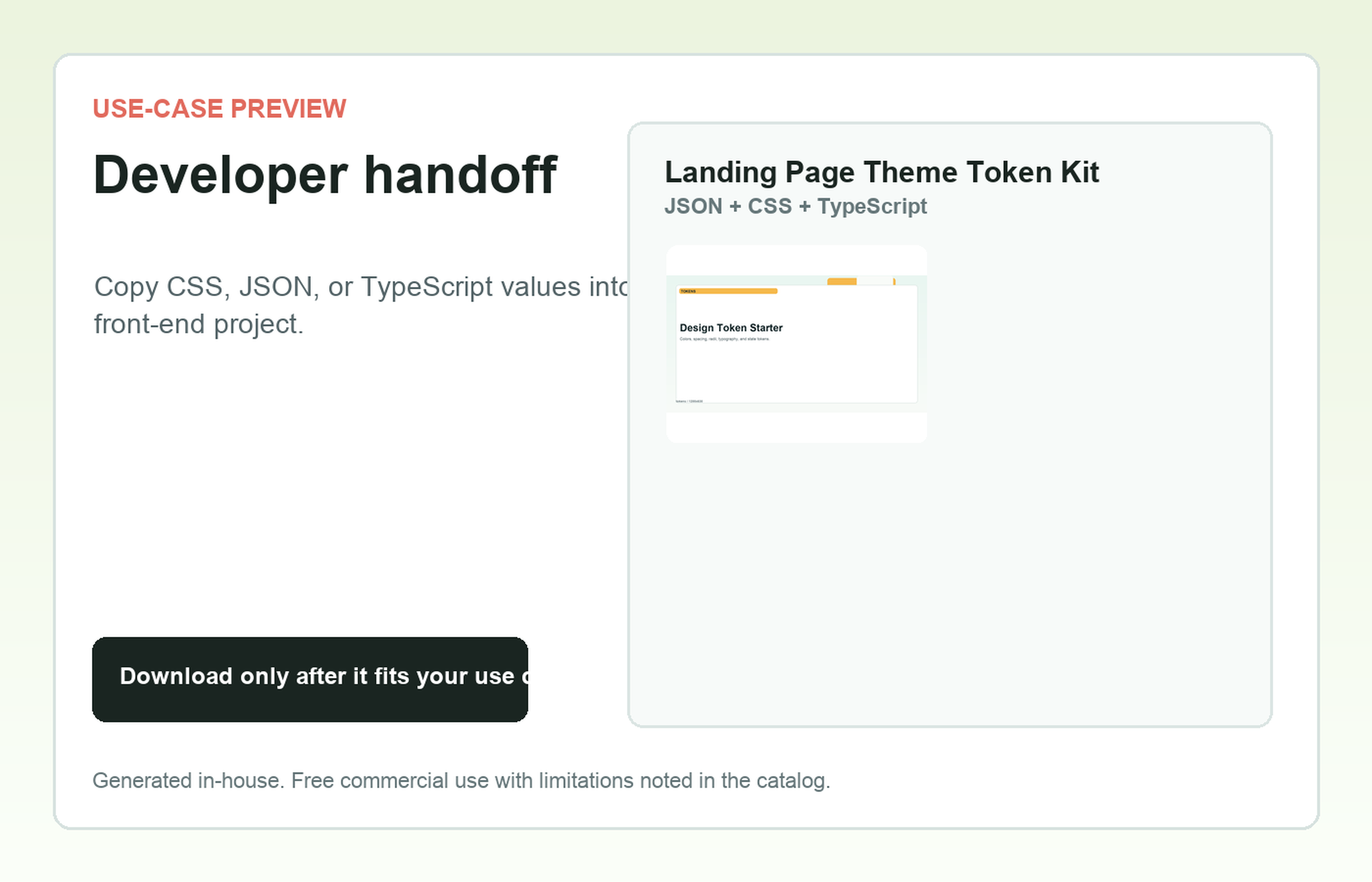 Landing Page Theme Token Kit Developer handoff use-case preview