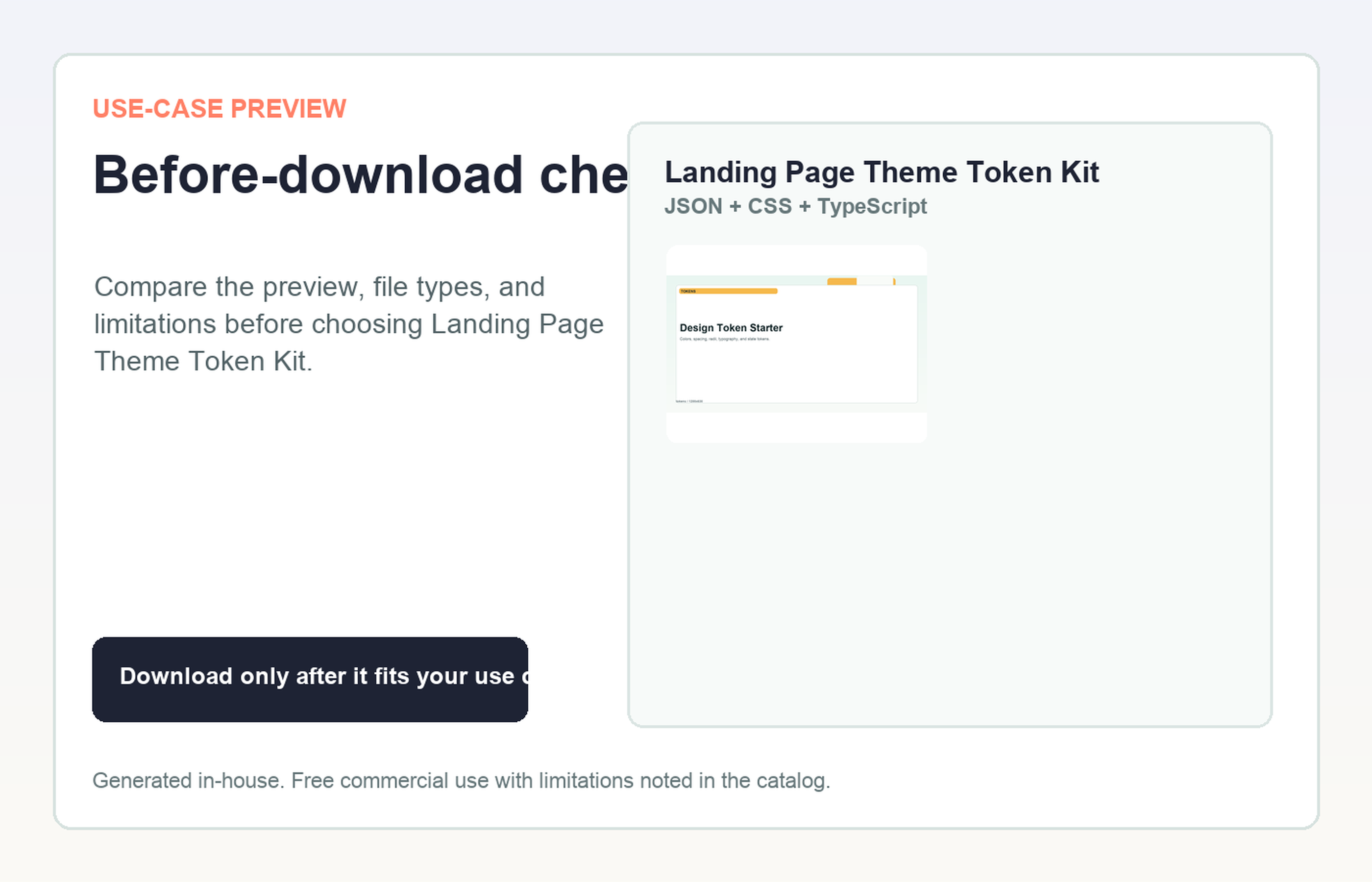 Landing Page Theme Token Kit Before-download check use-case preview