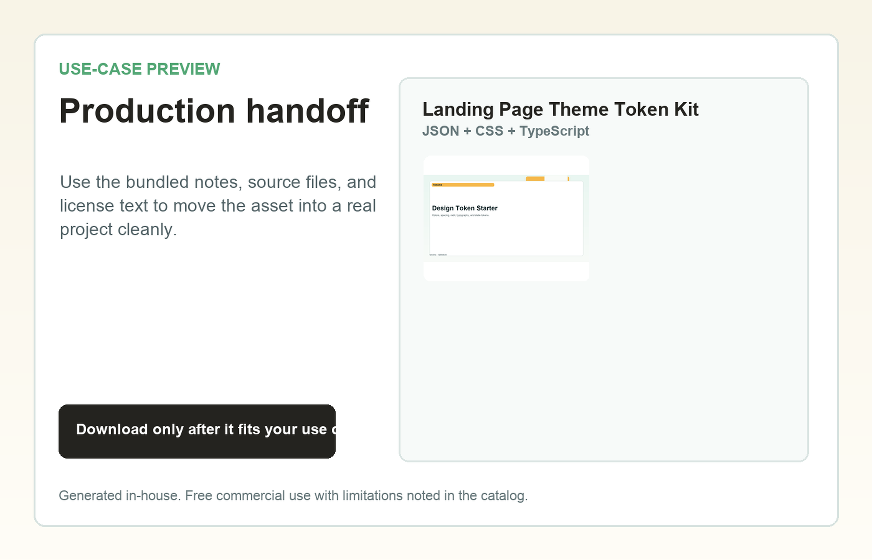 Landing Page Theme Token Kit Production handoff use-case preview
