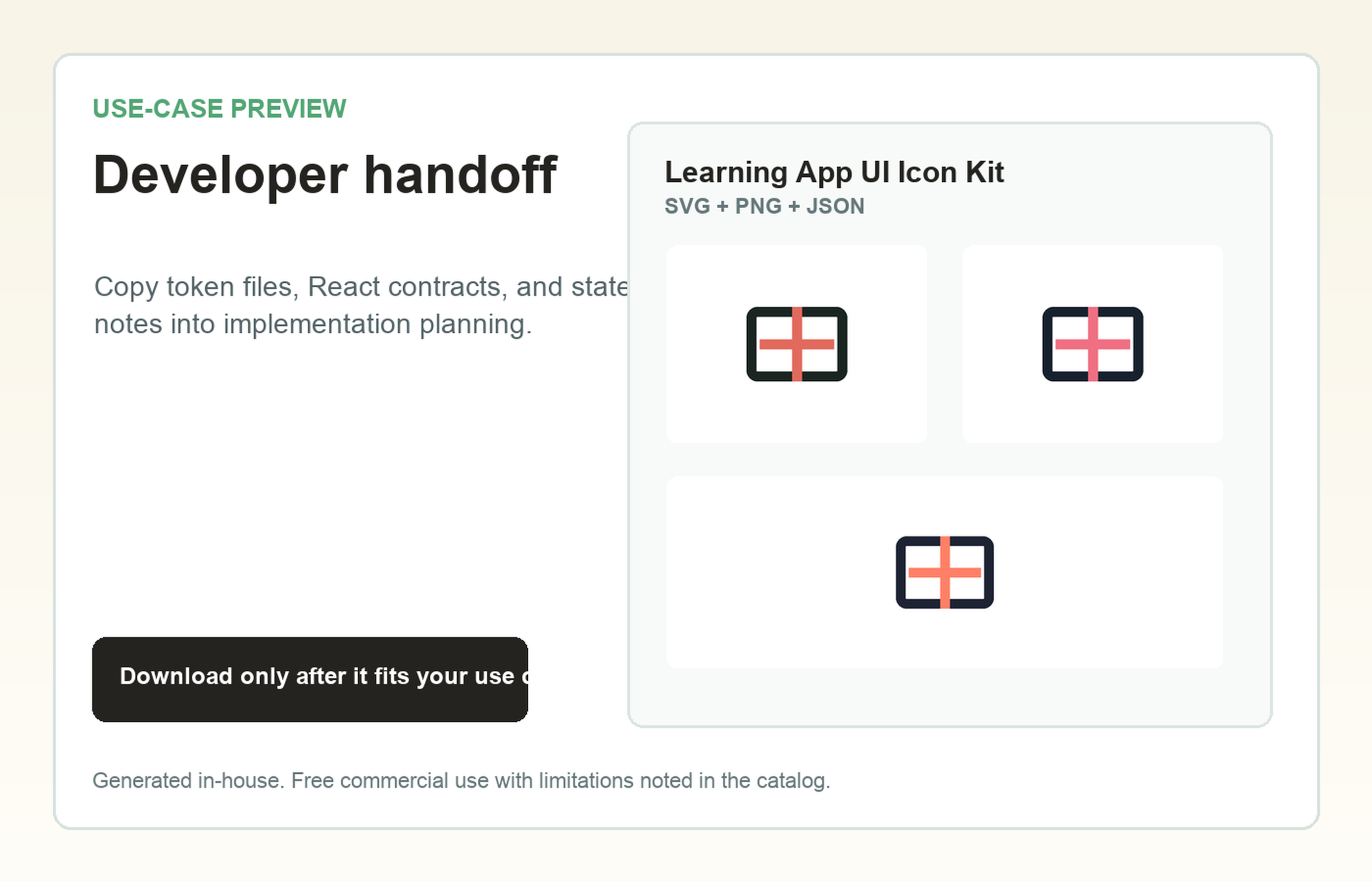 Learning App UI Icon Kit Developer handoff use-case preview