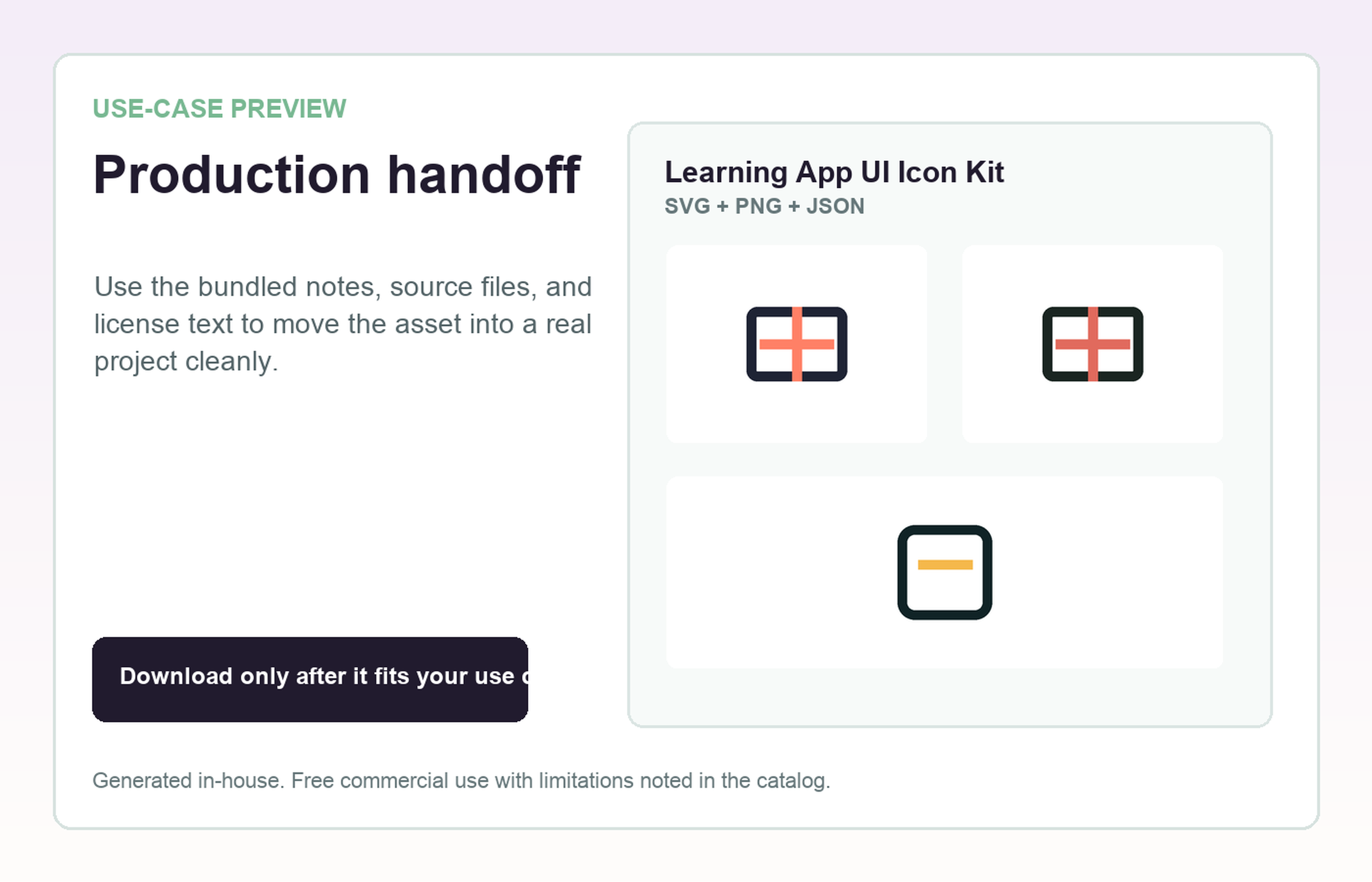 Learning App UI Icon Kit Production handoff use-case preview