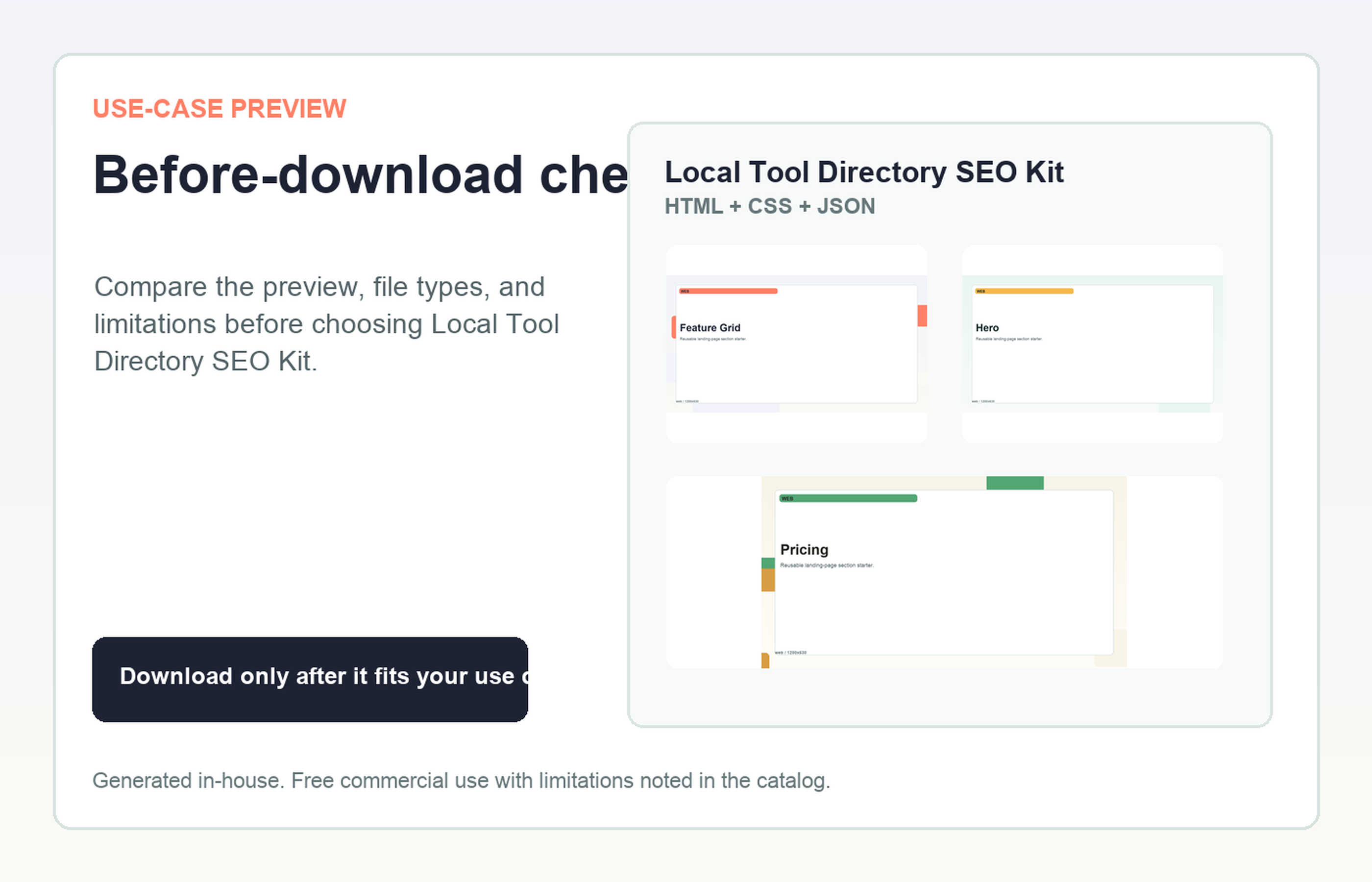 Local Tool Directory SEO Kit Before-download check use-case preview