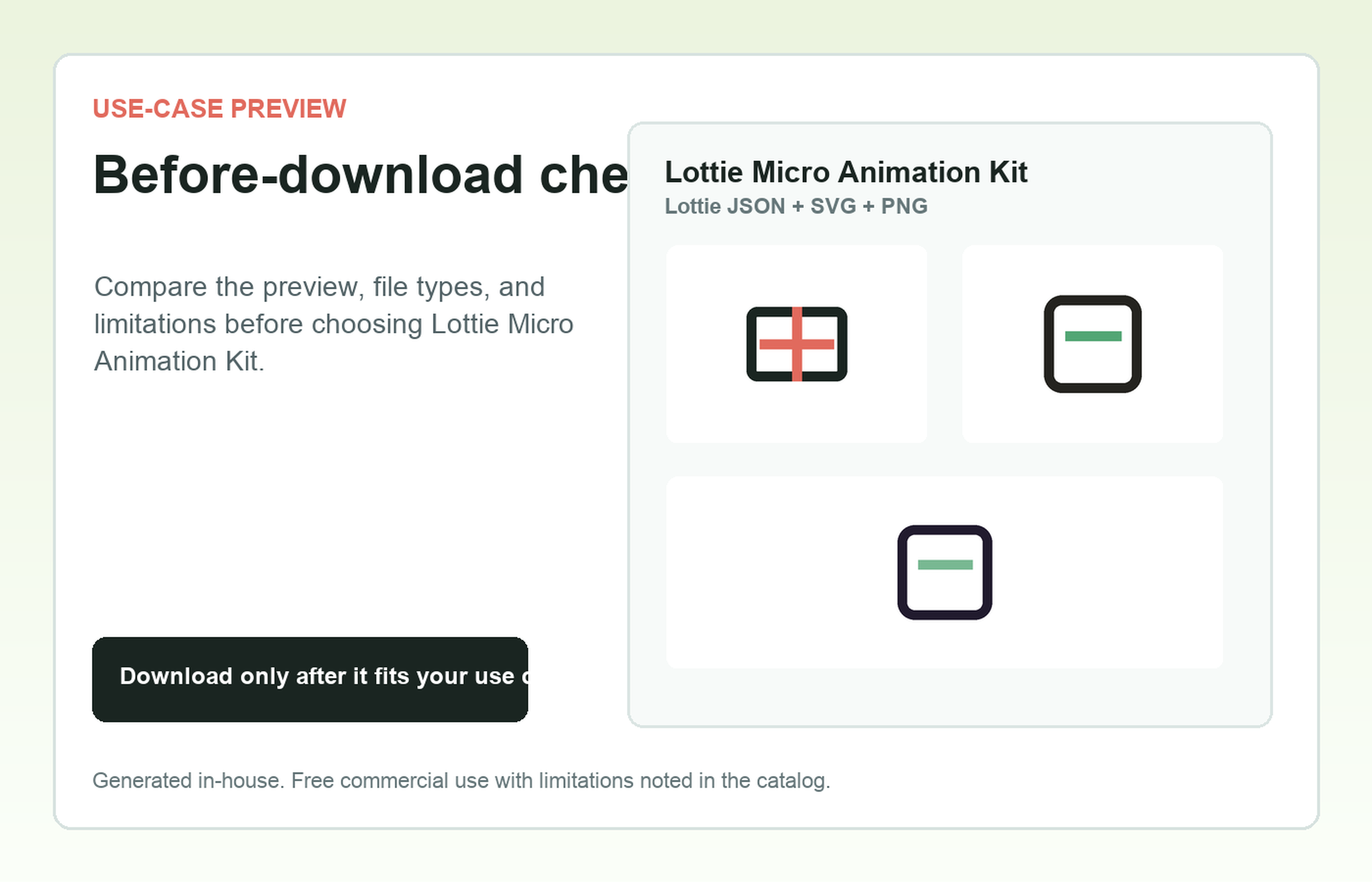 Lottie Micro Animation Kit Before-download check use-case preview