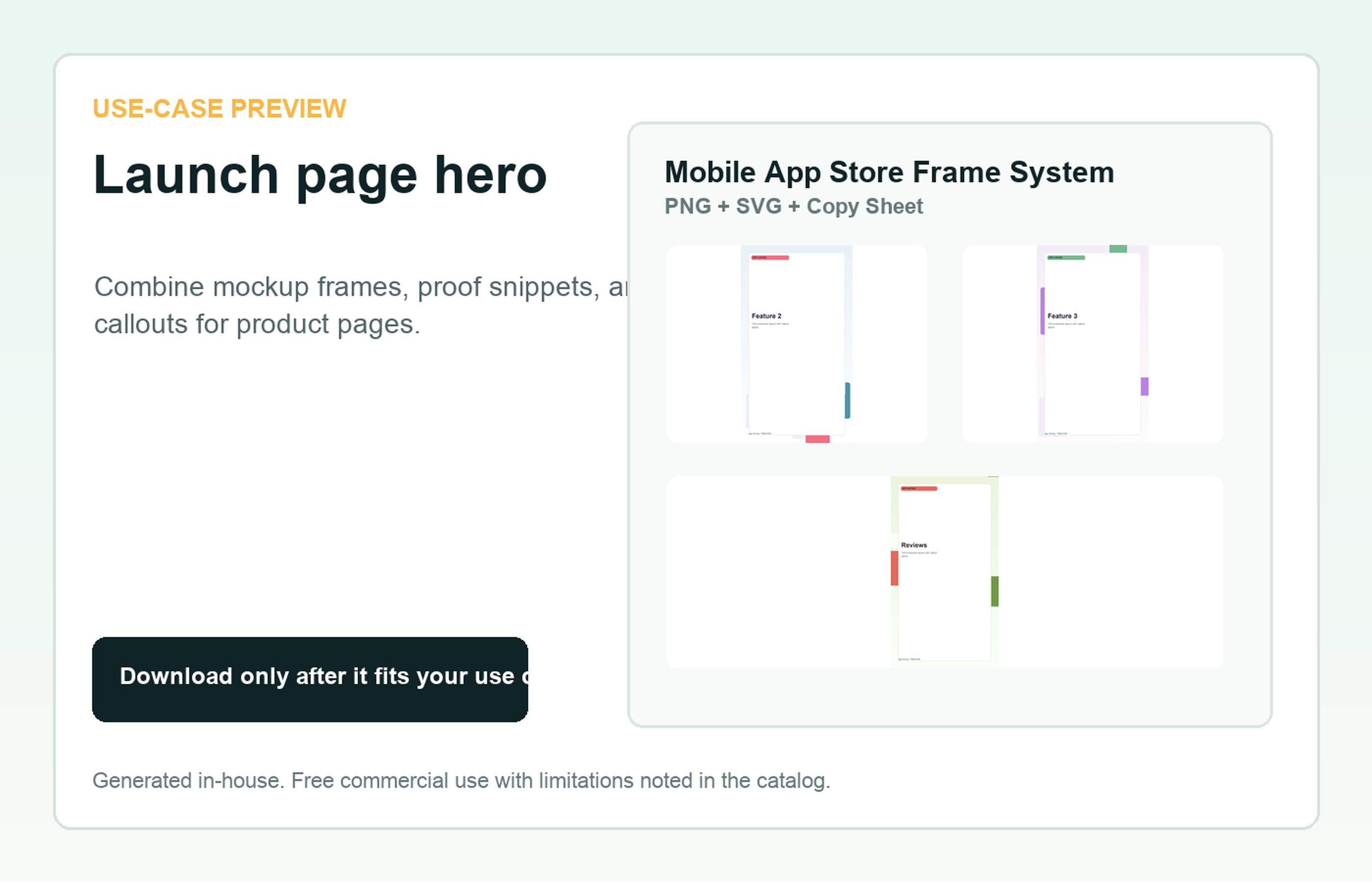 Mobile App Store Frame System Launch page hero use-case preview