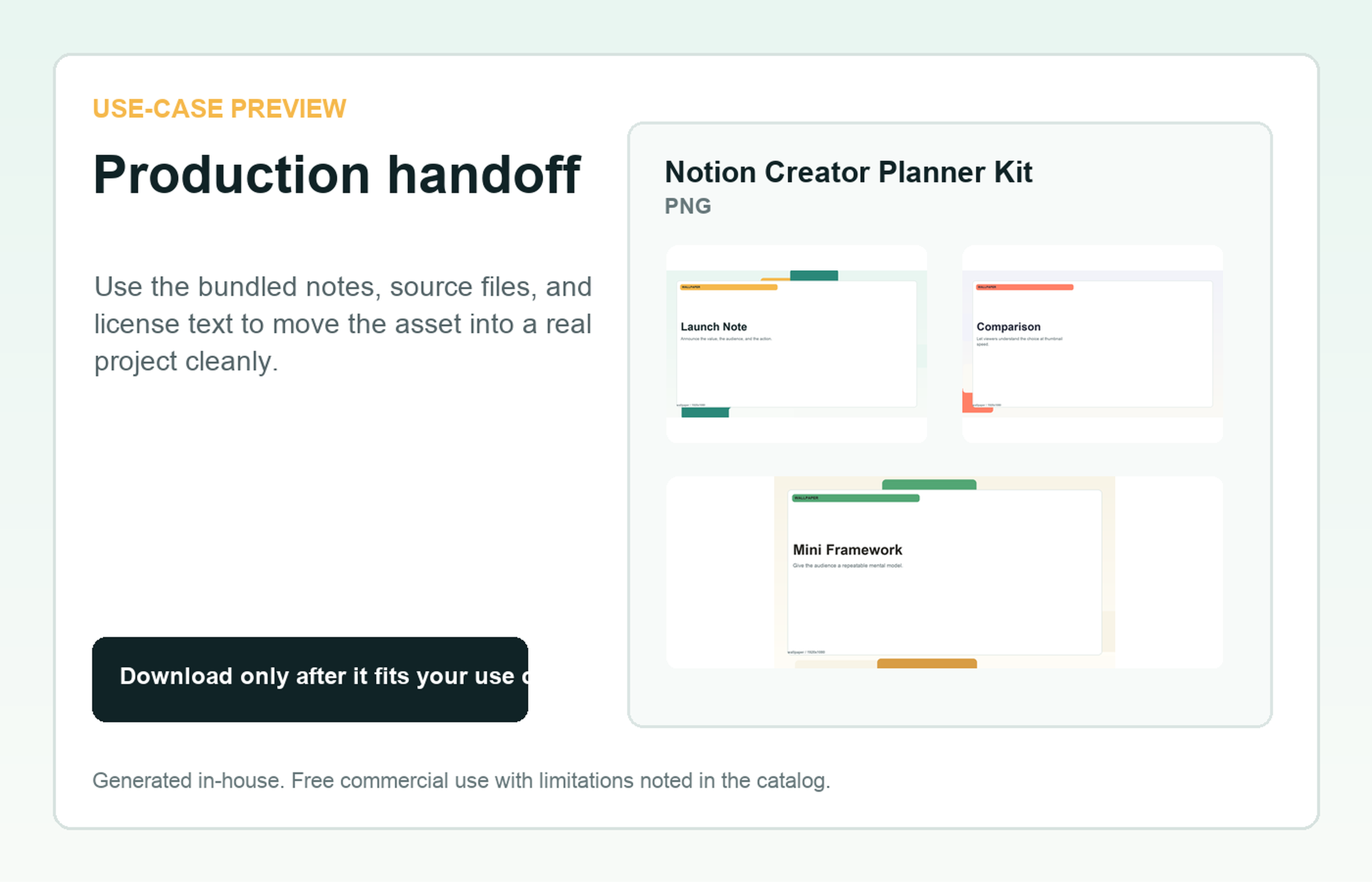 Notion Creator Planner Kit Production handoff use-case preview