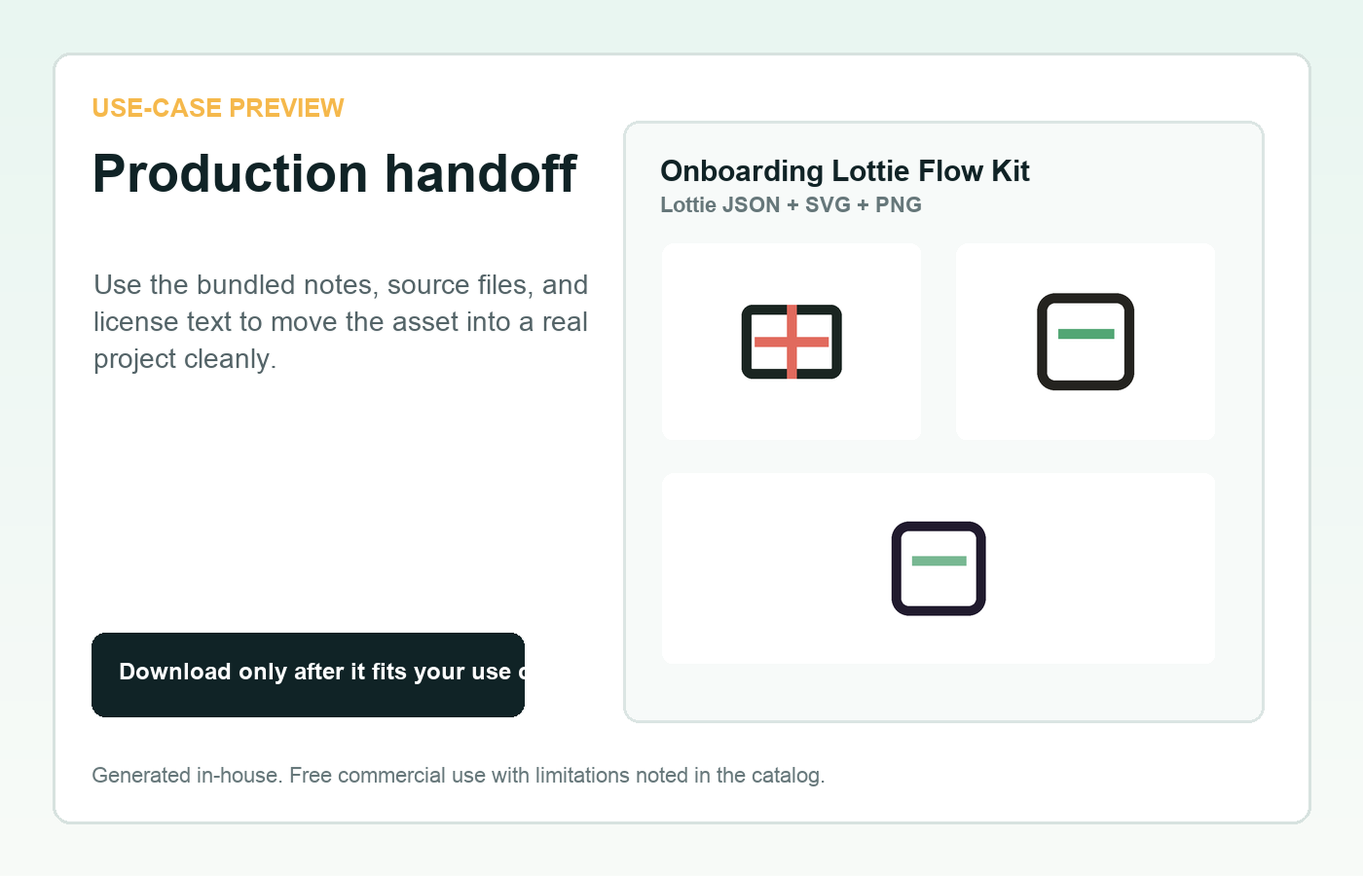 Onboarding Lottie Flow Kit Production handoff use-case preview