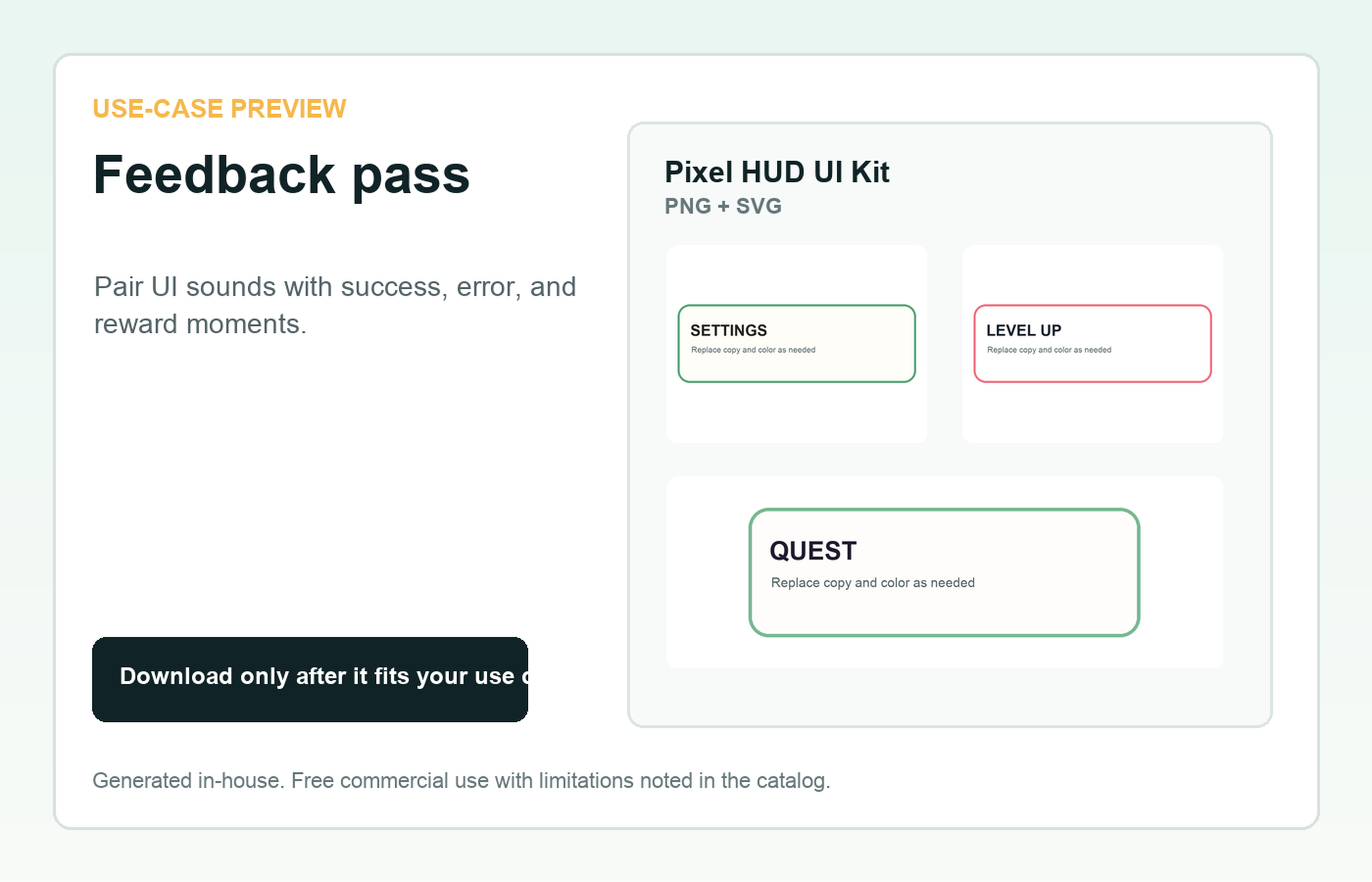 Pixel HUD UI Kit Feedback pass use-case preview