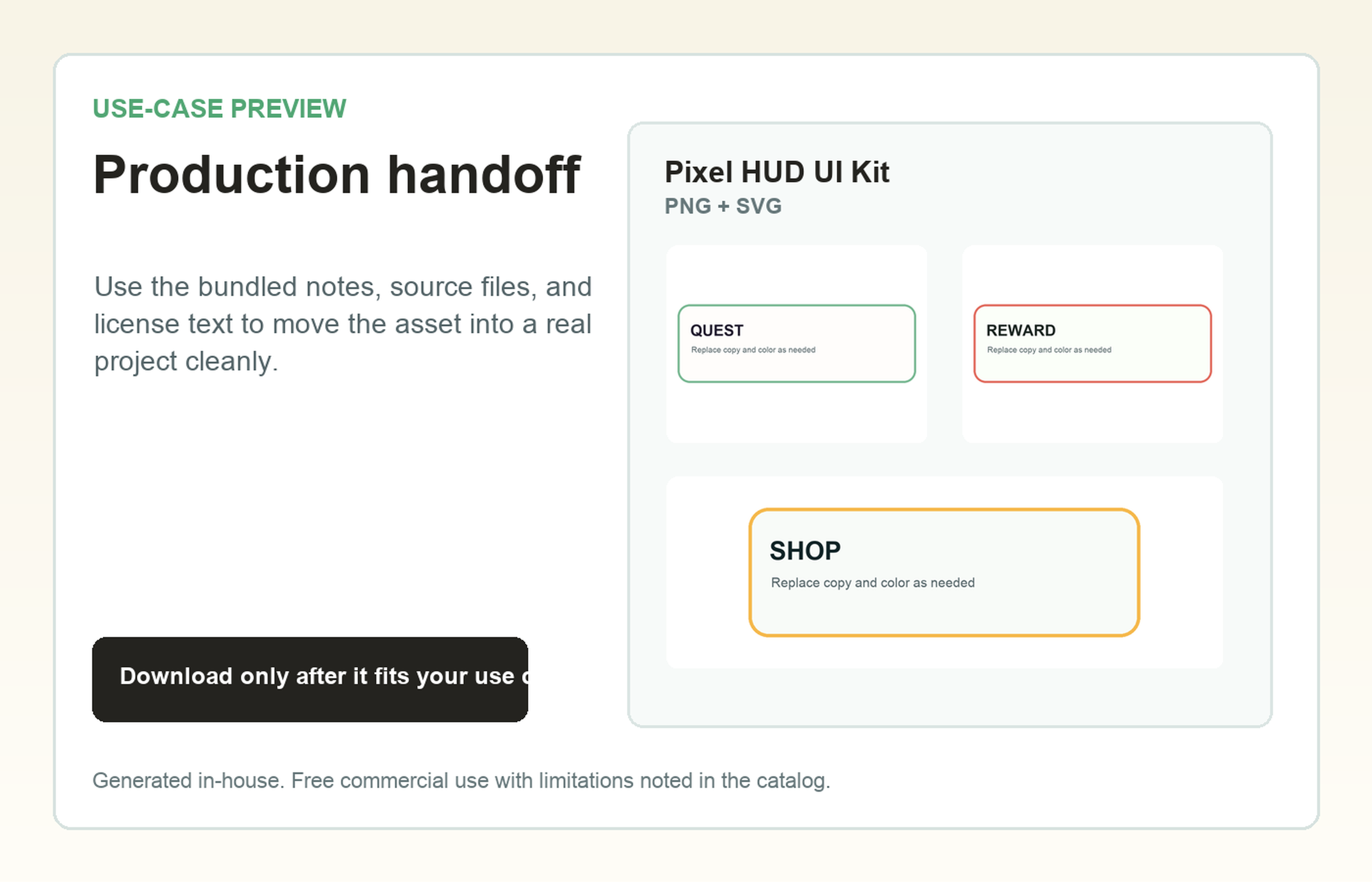 Pixel HUD UI Kit Production handoff use-case preview