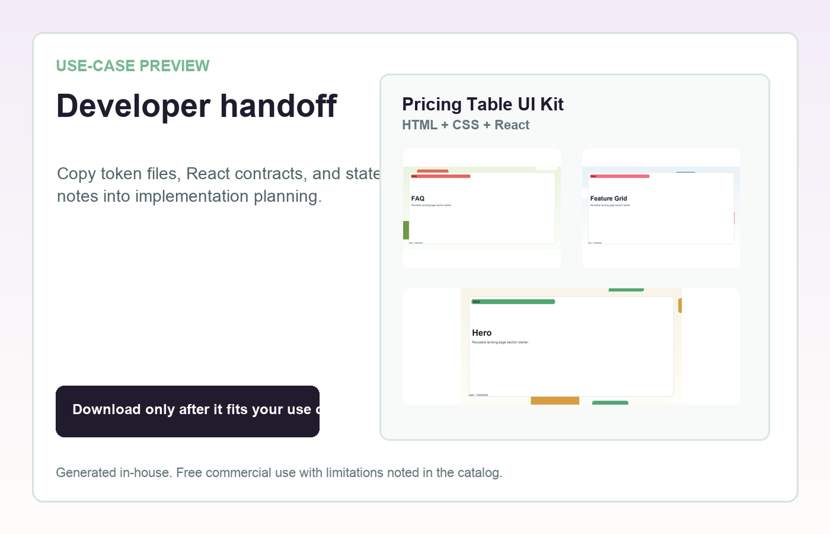 Pricing Table UI Kit Developer handoff use-case preview