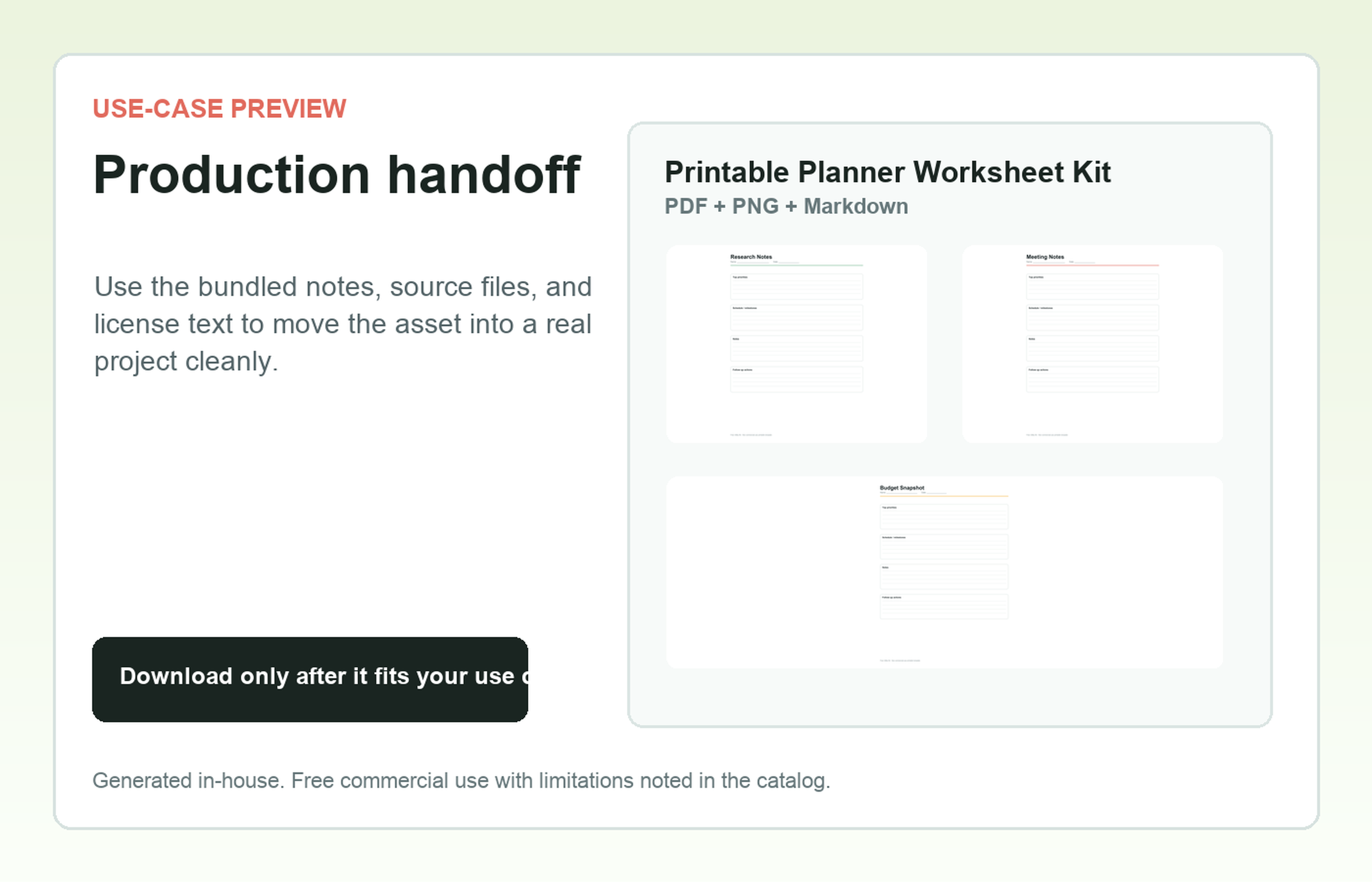 Printable Planner Worksheet Kit Production handoff use-case preview