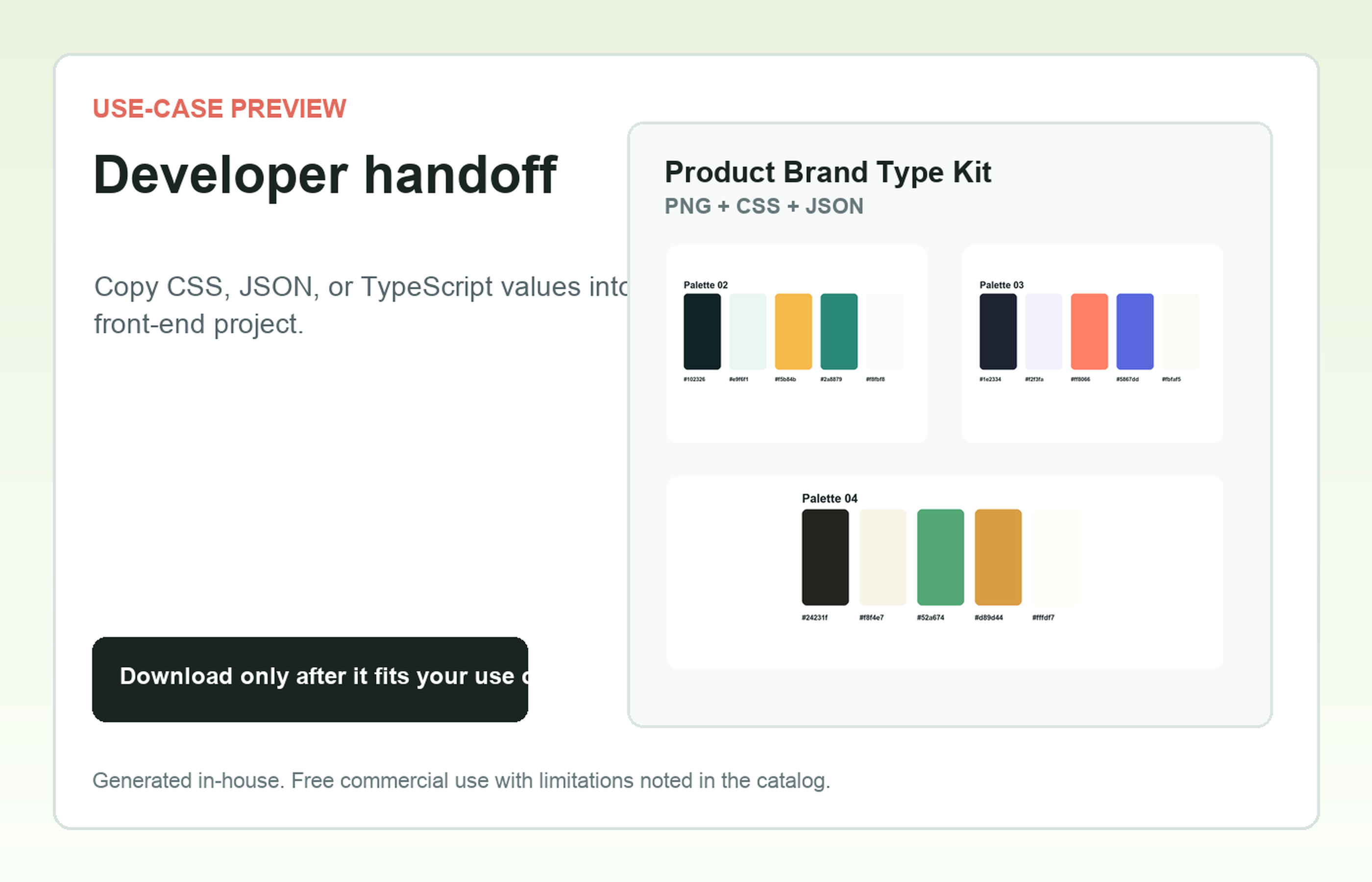 Product Brand Type Kit Developer handoff use-case preview