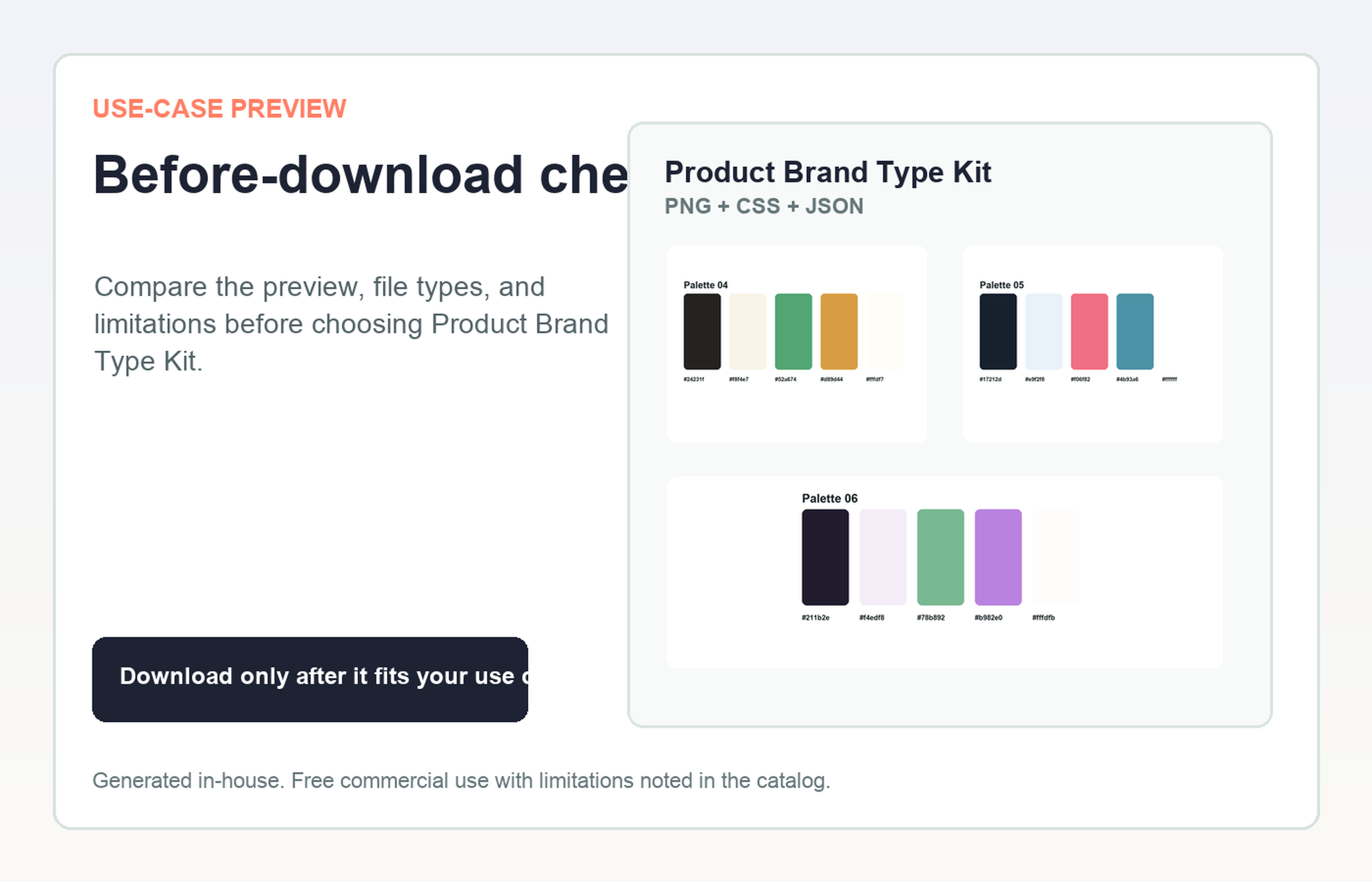 Product Brand Type Kit Before-download check use-case preview