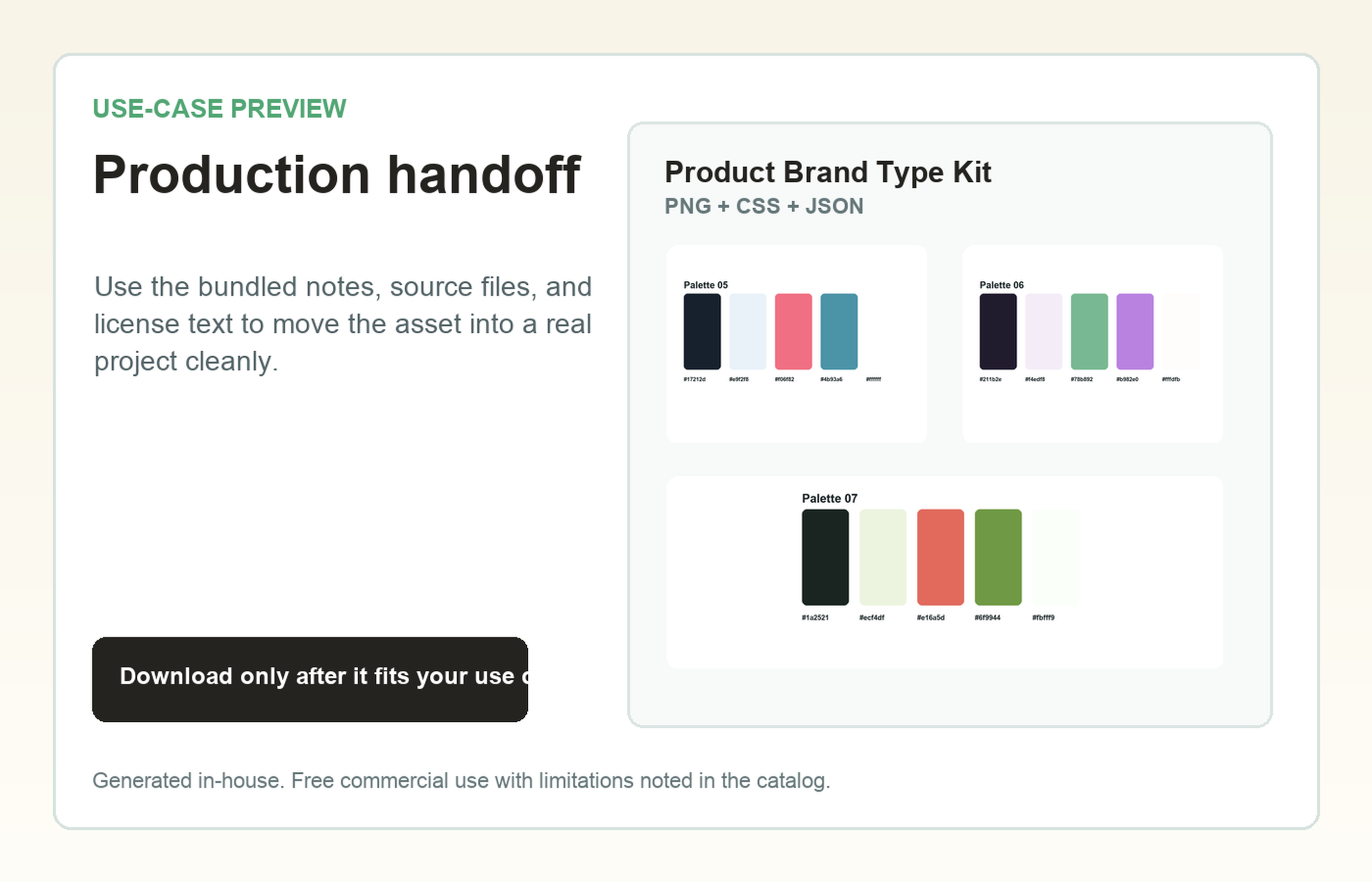 Product Brand Type Kit Production handoff use-case preview