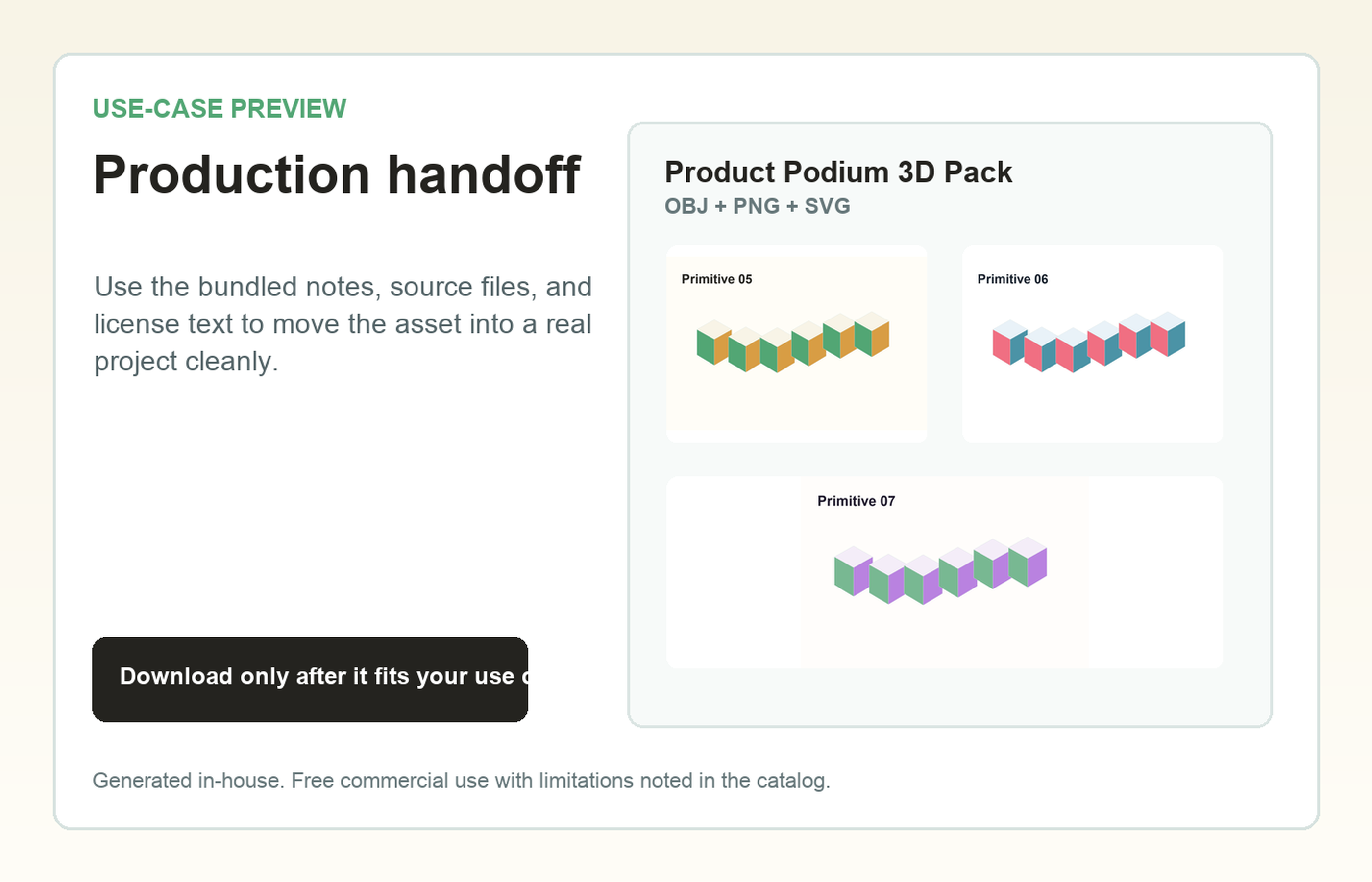 Product Podium 3D Pack Production handoff use-case preview
