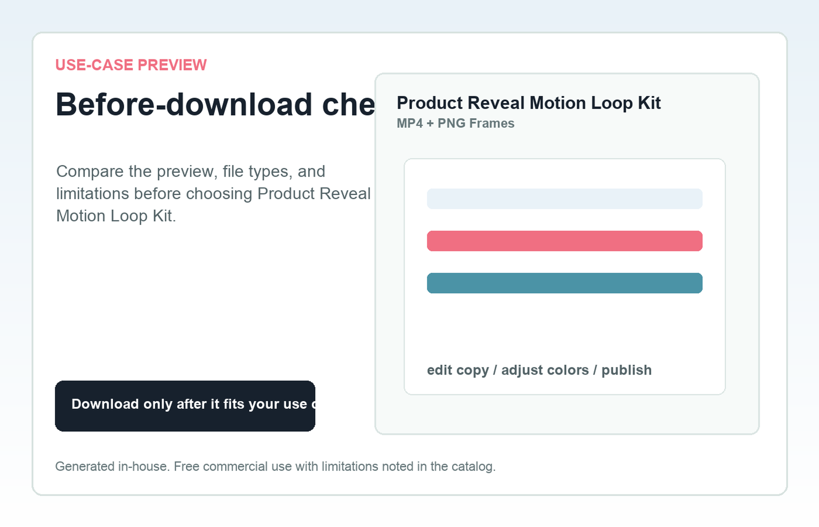Product Reveal Motion Loop Kit Before-download check use-case preview