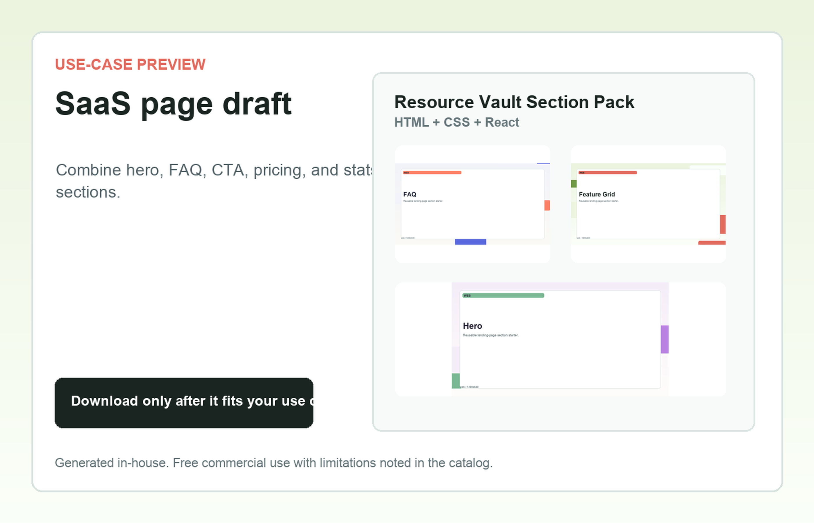 Resource Vault Section Pack SaaS page draft use-case preview