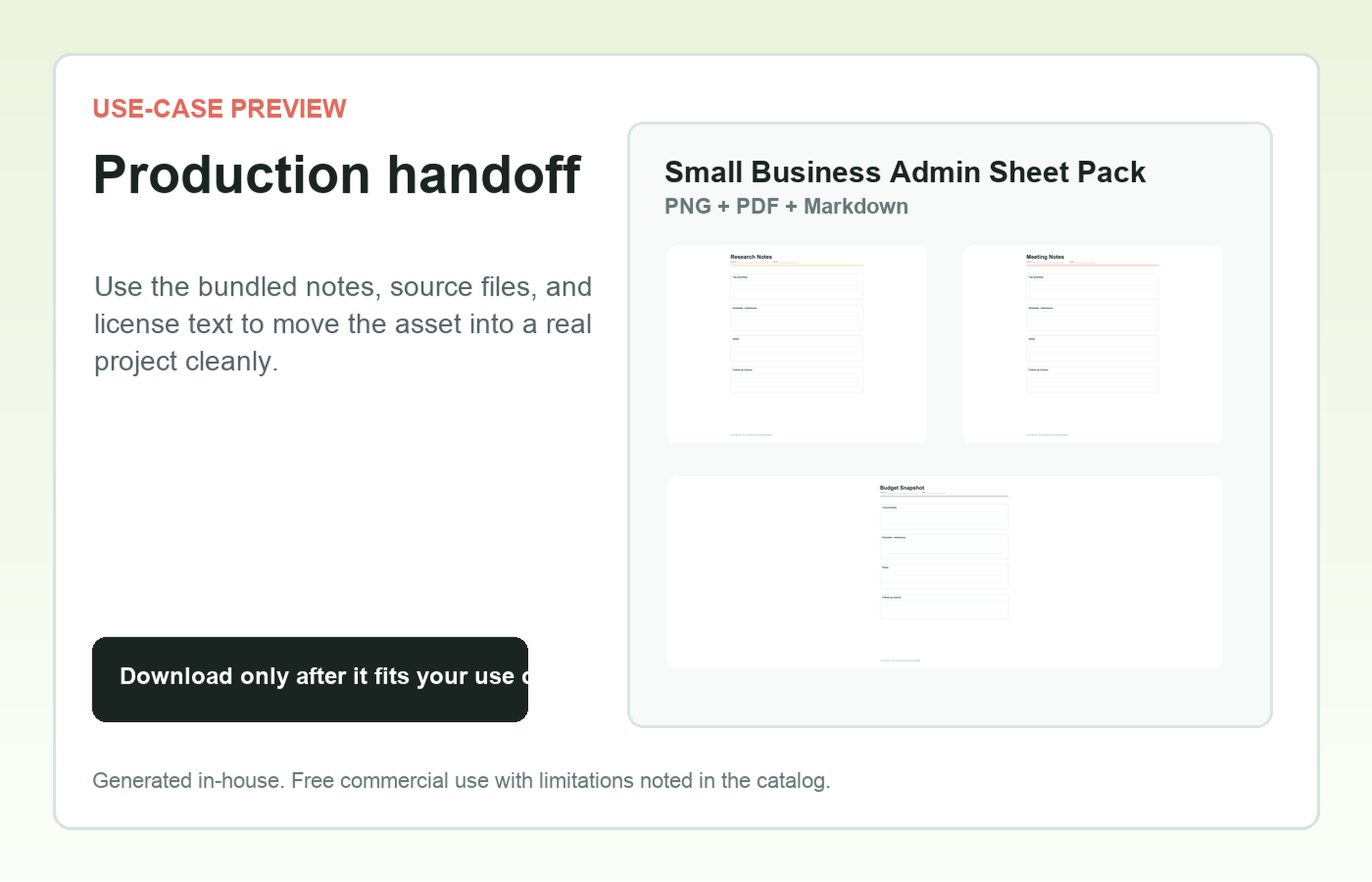 Small Business Admin Sheet Pack Production handoff use-case preview